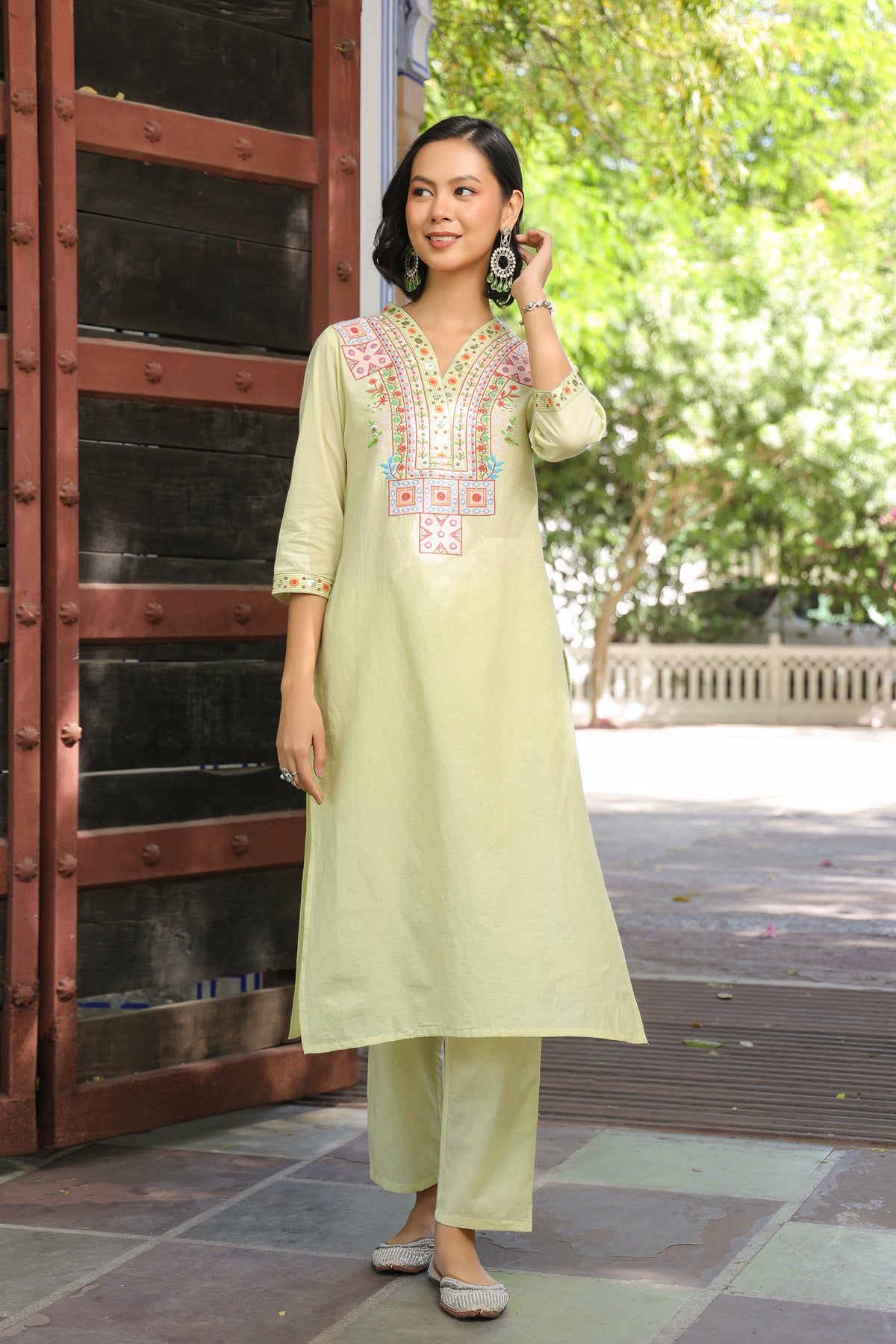 Lime green Cotton Cambric Yoke Embroidered Straight Suit Set