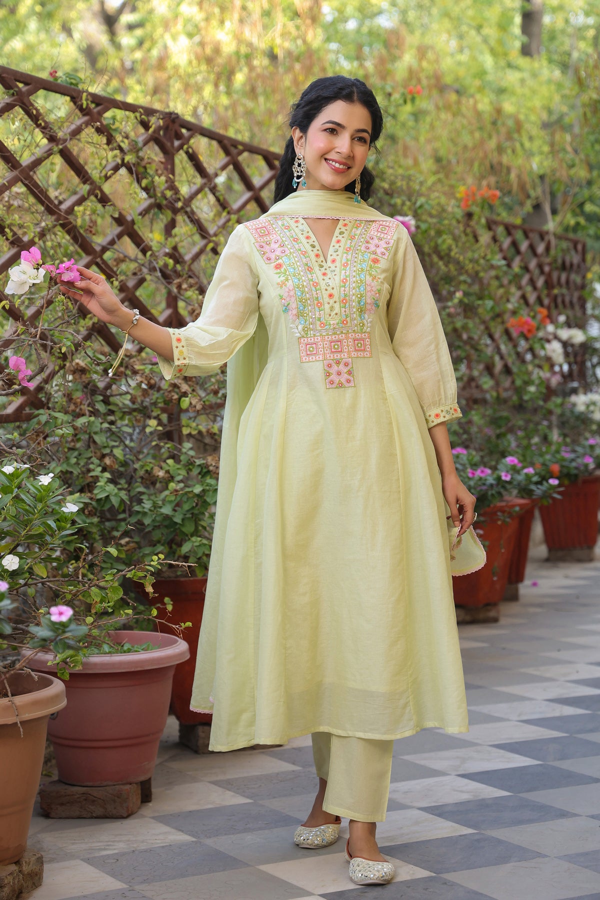 Lime green Cotton Mulmul Yoke Embroidered Anarkali Suit Set