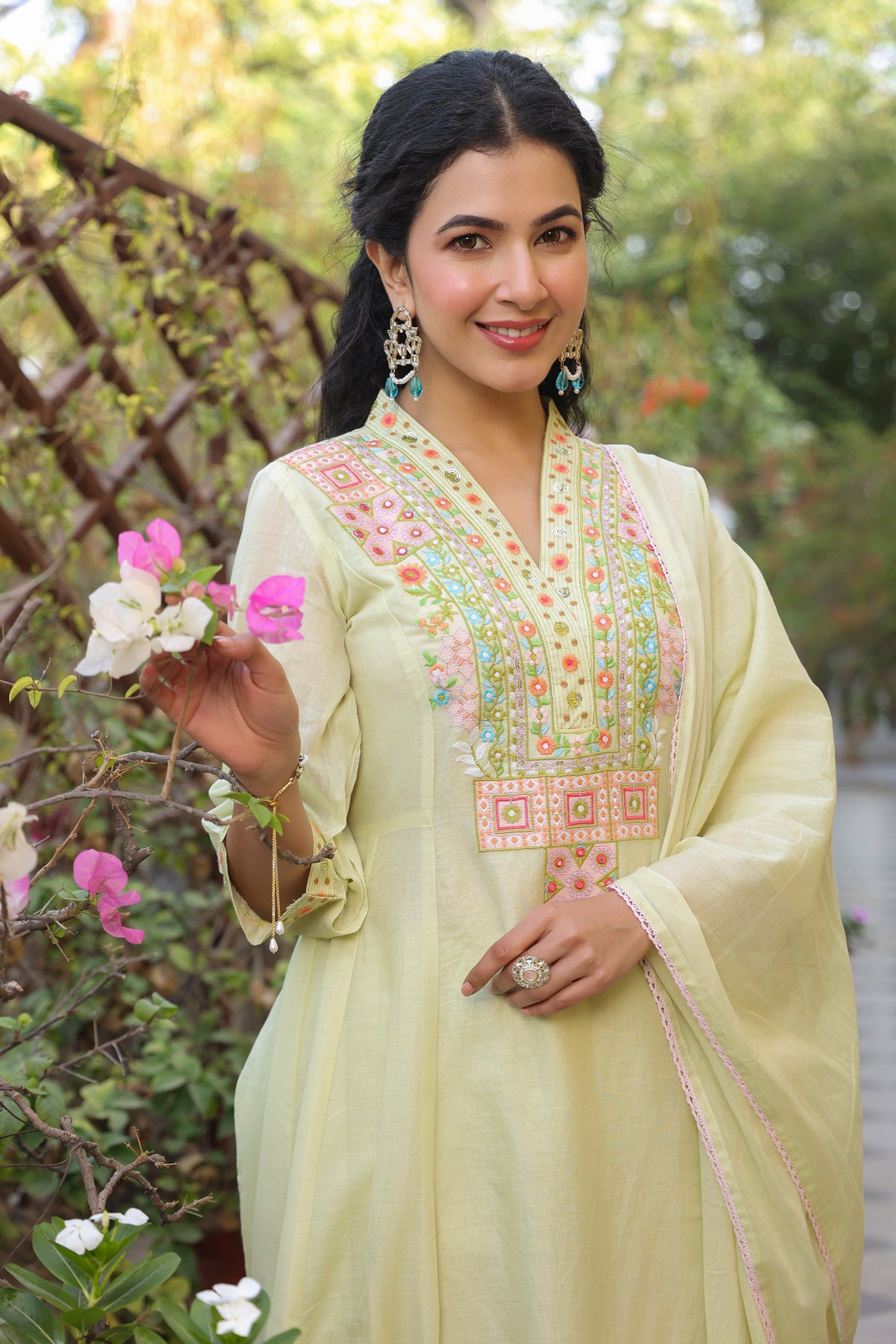 Lime green Cotton Mulmul Yoke Embroidered Anarkali Suit Set