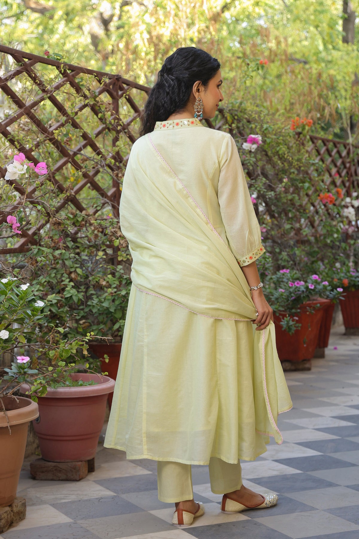 Lime green Cotton Mulmul Yoke Embroidered Anarkali Suit Set