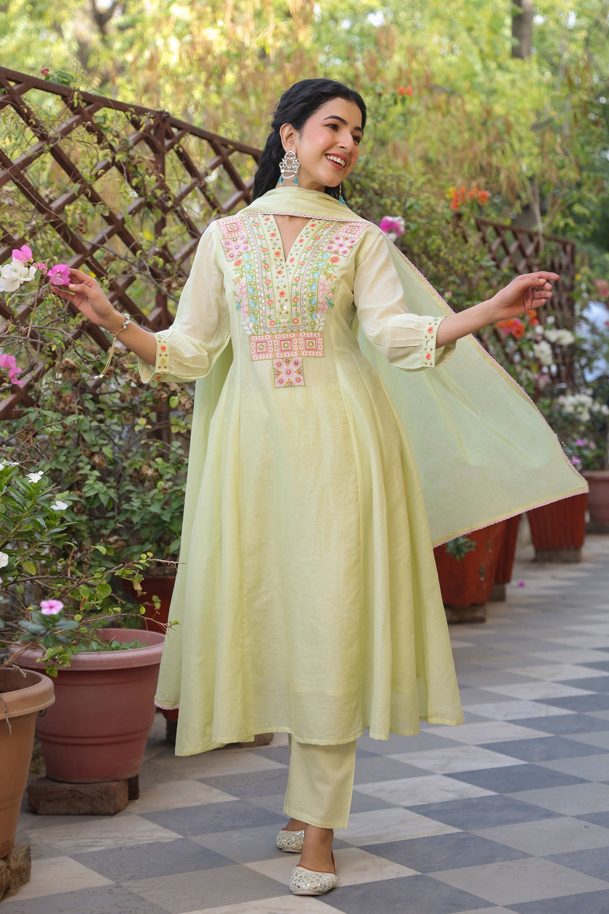 Lime green Cotton Mulmul Yoke Embroidered Anarkali Suit Set