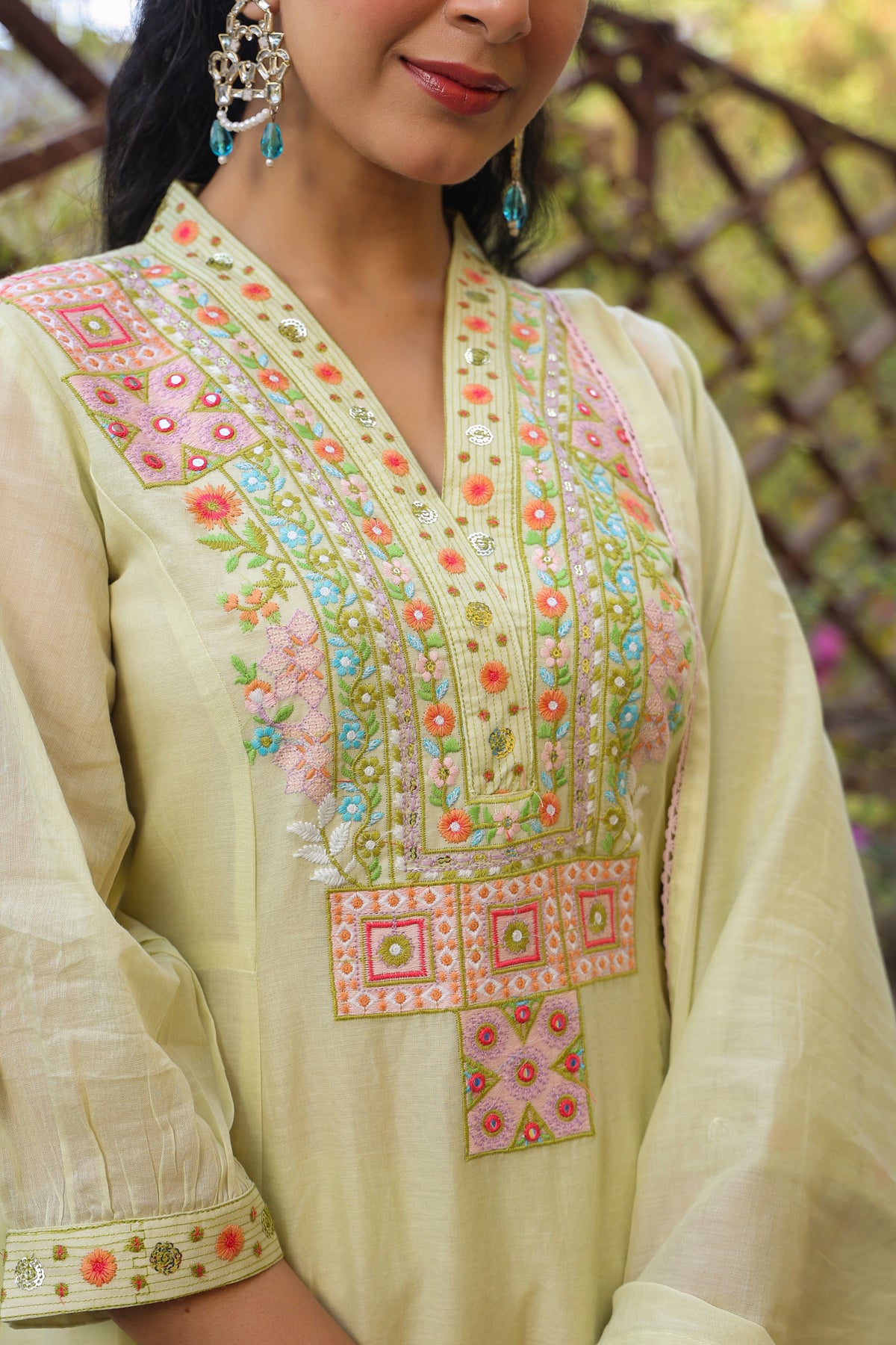 Lime green Cotton Mulmul Yoke Embroidered Anarkali Suit Set