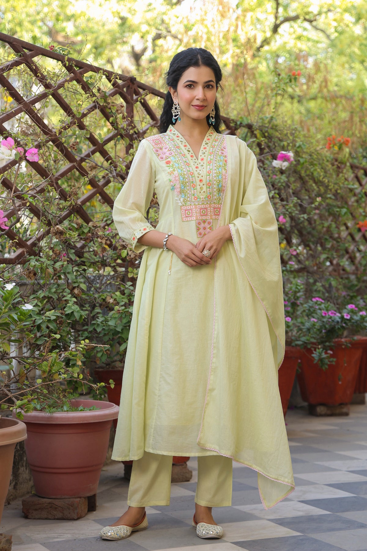 Lime green Cotton Mulmul Yoke Embroidered Anarkali Suit Set