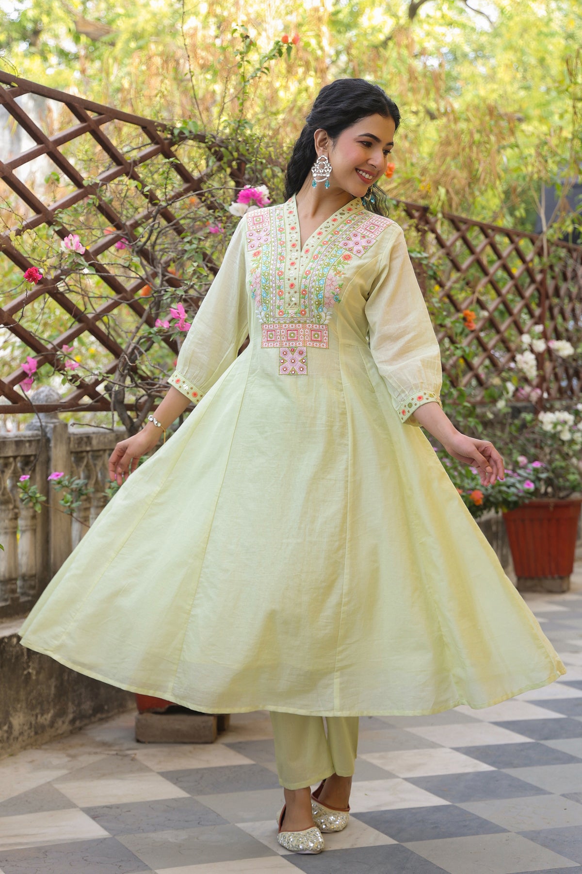 Lime green Cotton Mulmul Yoke Embroidered Anarkali Suit Set