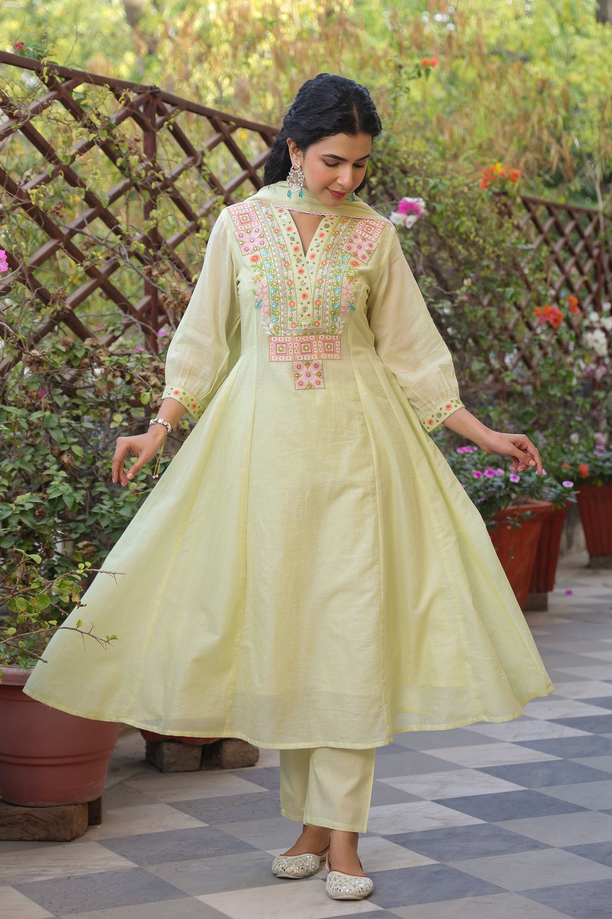 Lime green Cotton Mulmul Yoke Embroidered Anarkali Suit Set