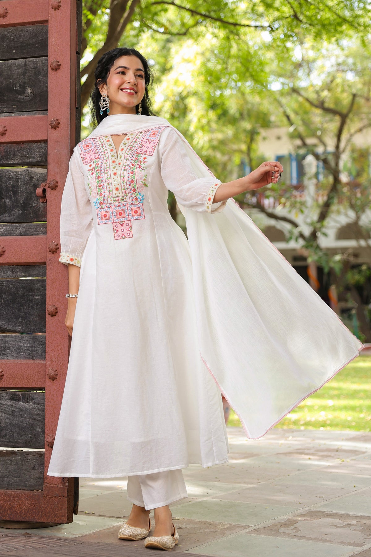 White Cotton Mulmul Yoke Embroidered Anarkali Suit Set