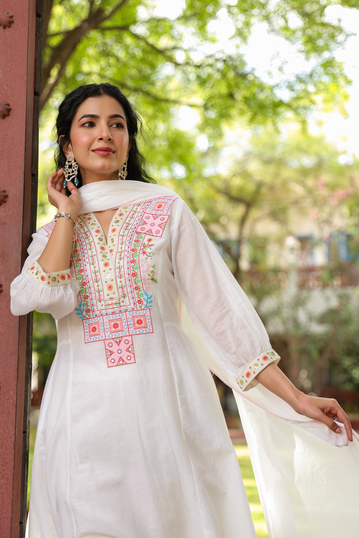 White Cotton Mulmul Yoke Embroidered Anarkali Suit Set