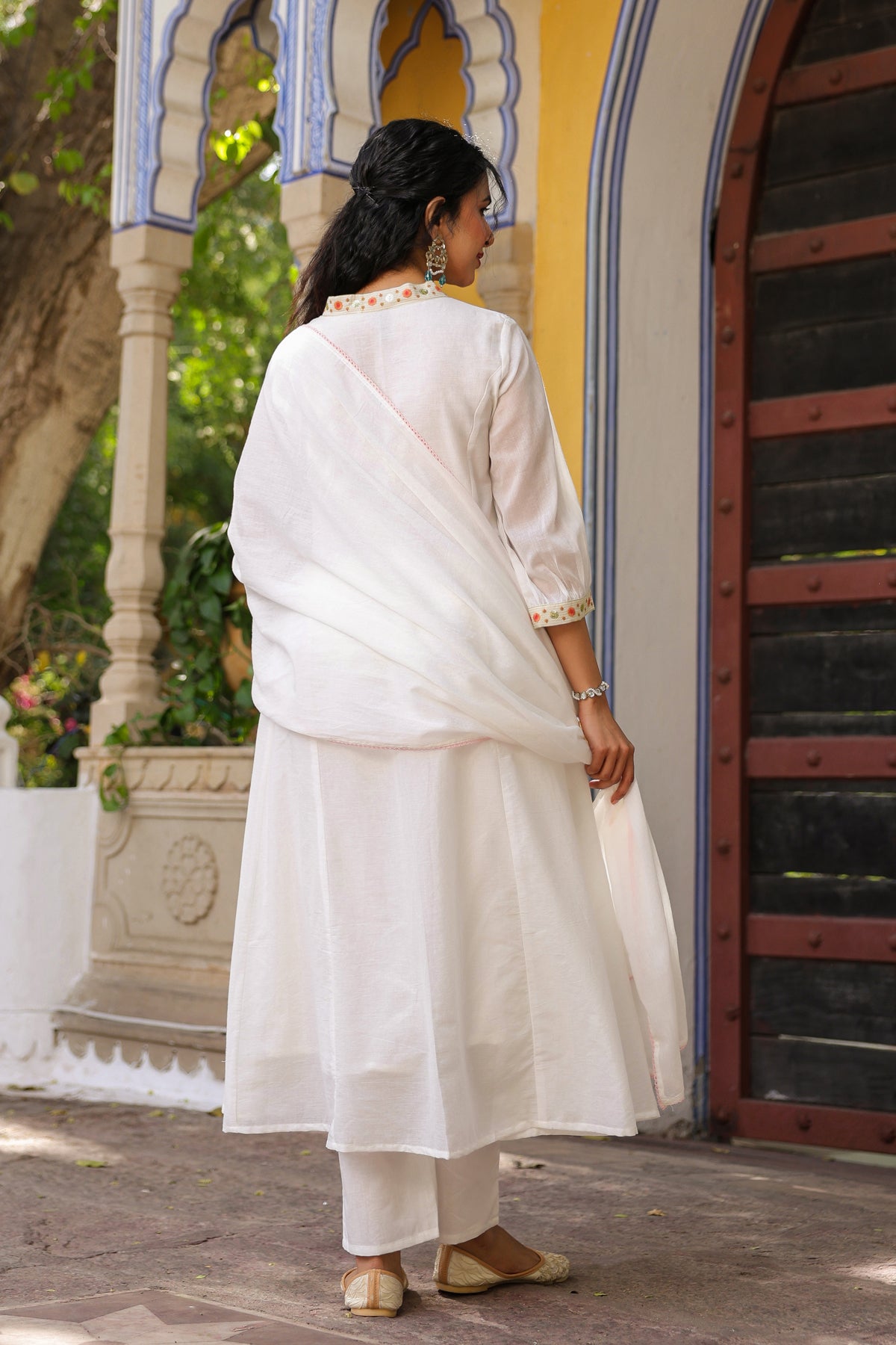White Cotton Mulmul Yoke Embroidered Anarkali Suit Set