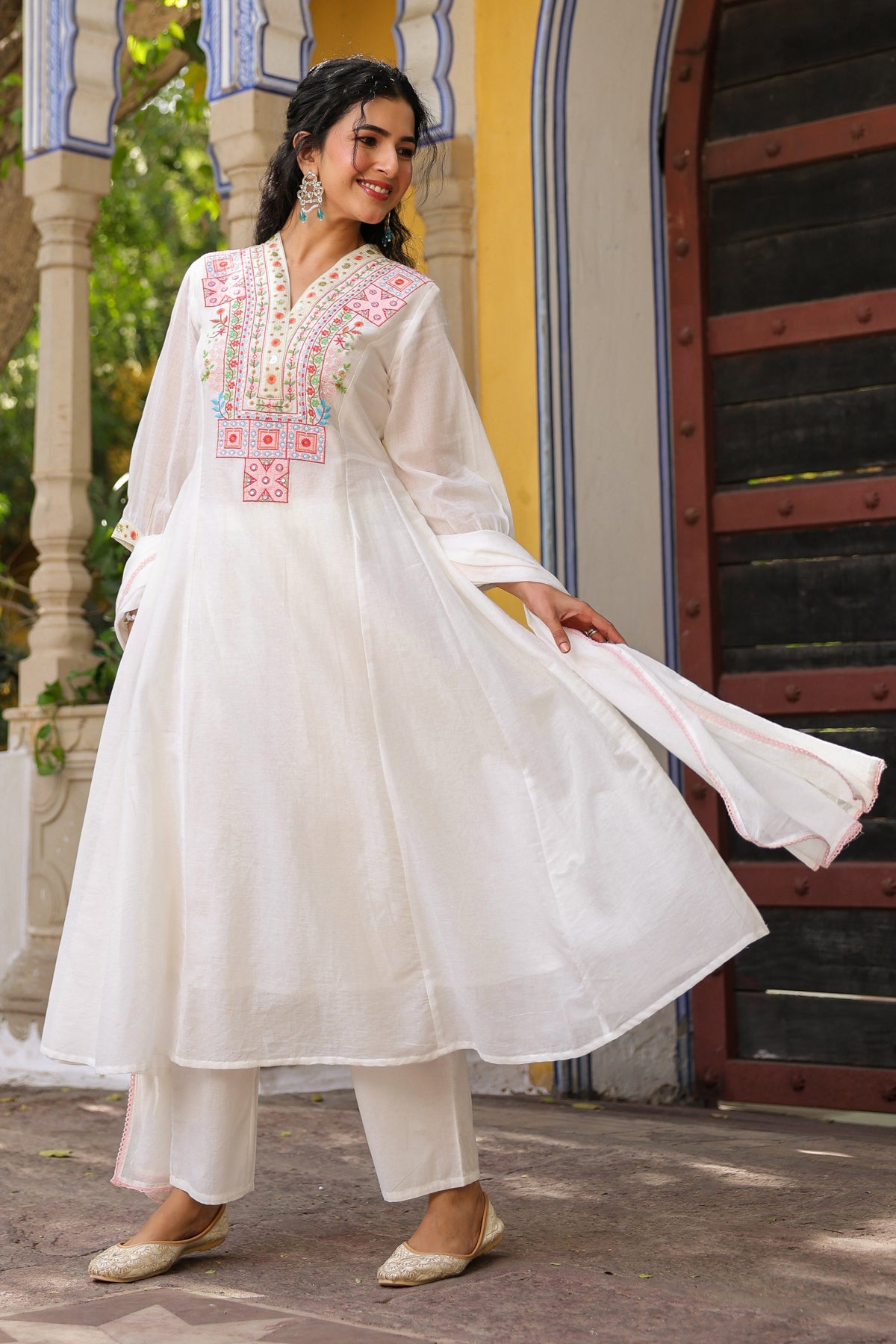 White Cotton Mulmul Yoke Embroidered Anarkali Suit Set