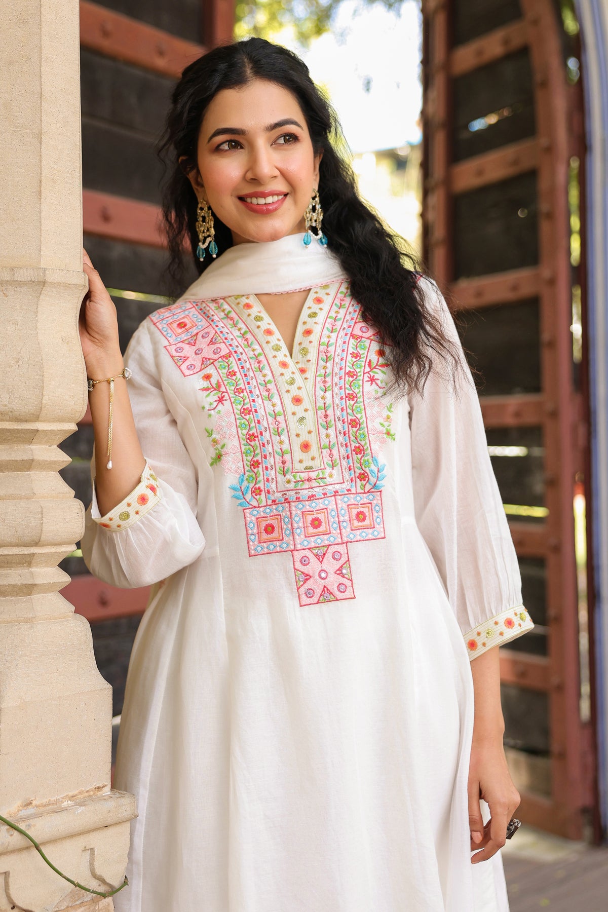White Cotton Mulmul Yoke Embroidered Anarkali Suit Set