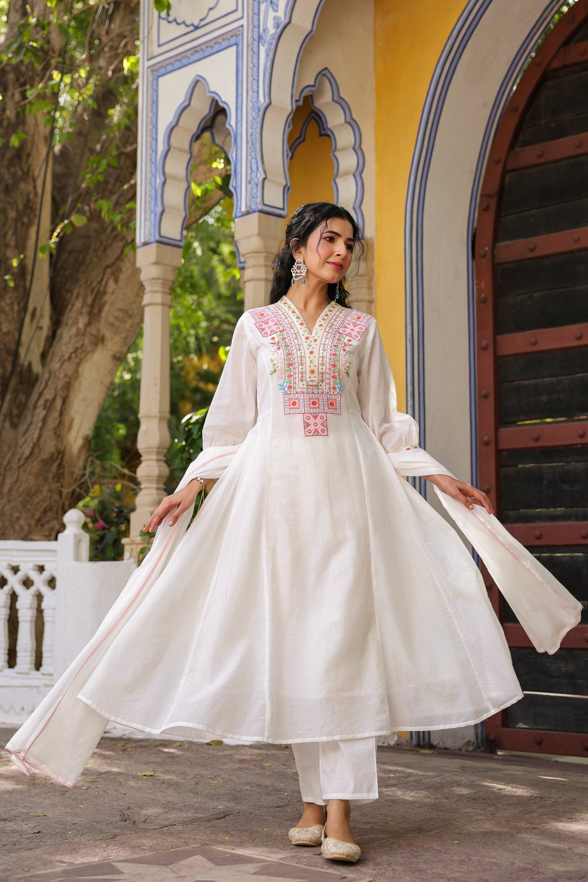 White Cotton Mulmul Yoke Embroidered Anarkali Suit Set