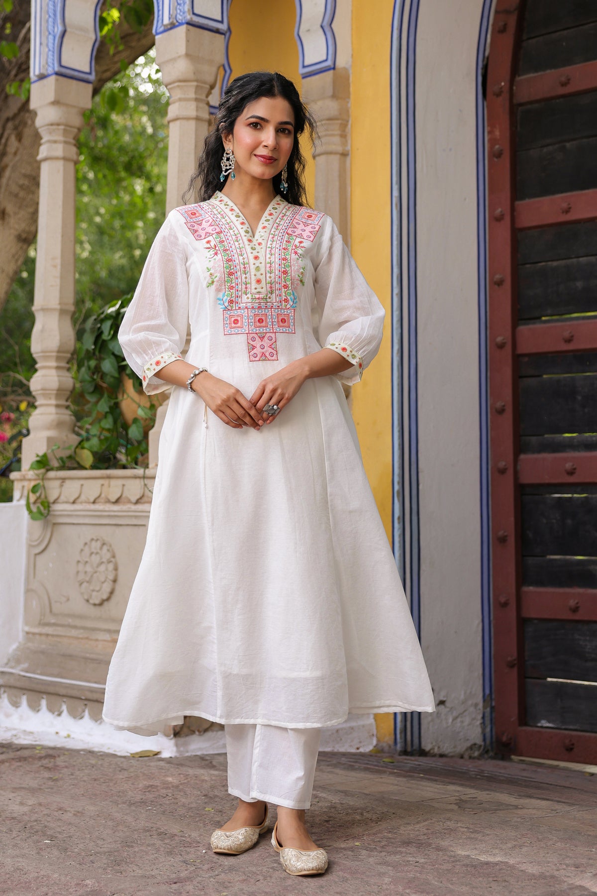 White Cotton Mulmul Yoke Embroidered Anarkali Suit Set