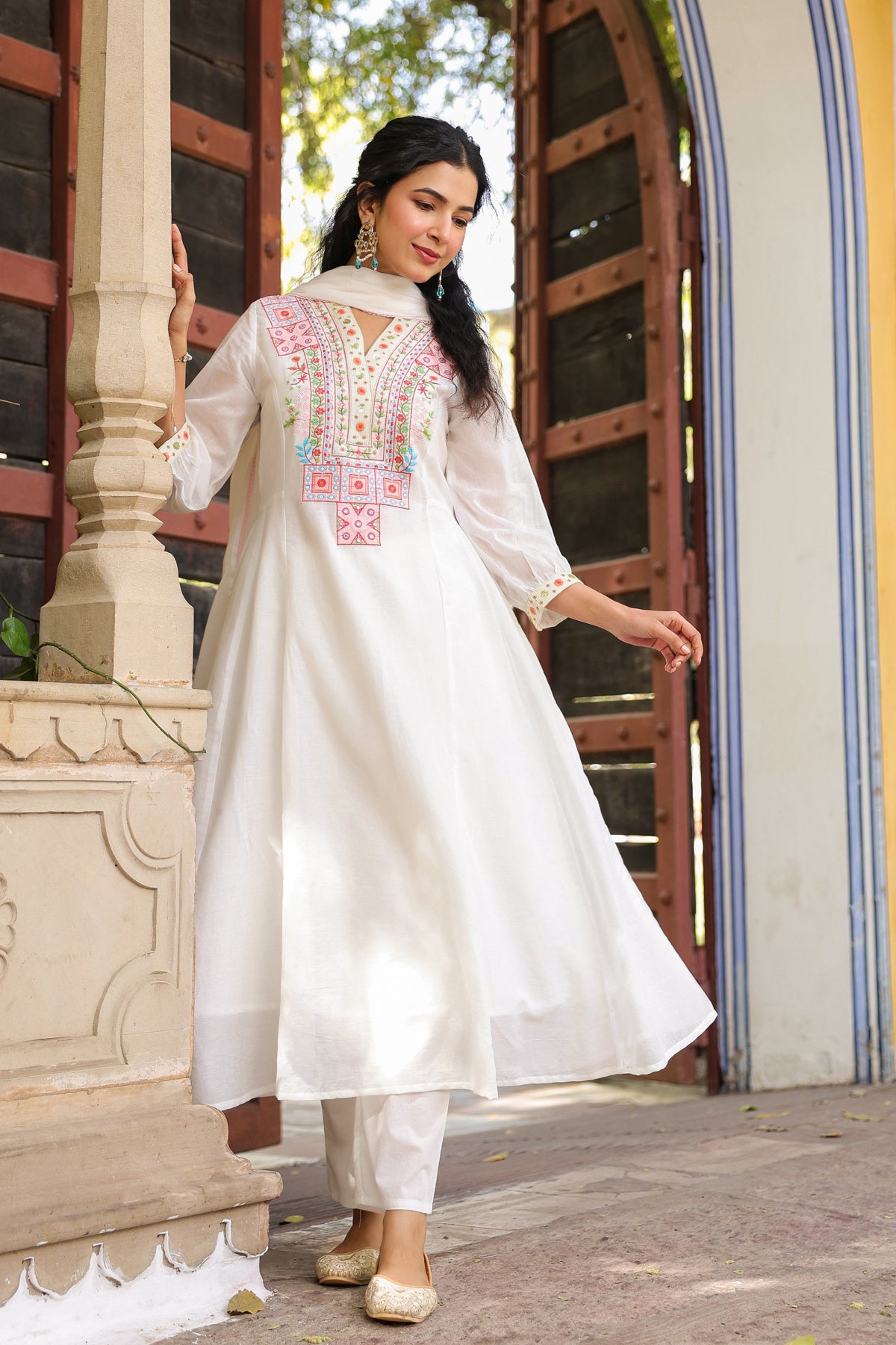 White Cotton Mulmul Yoke Embroidered Anarkali Suit Set