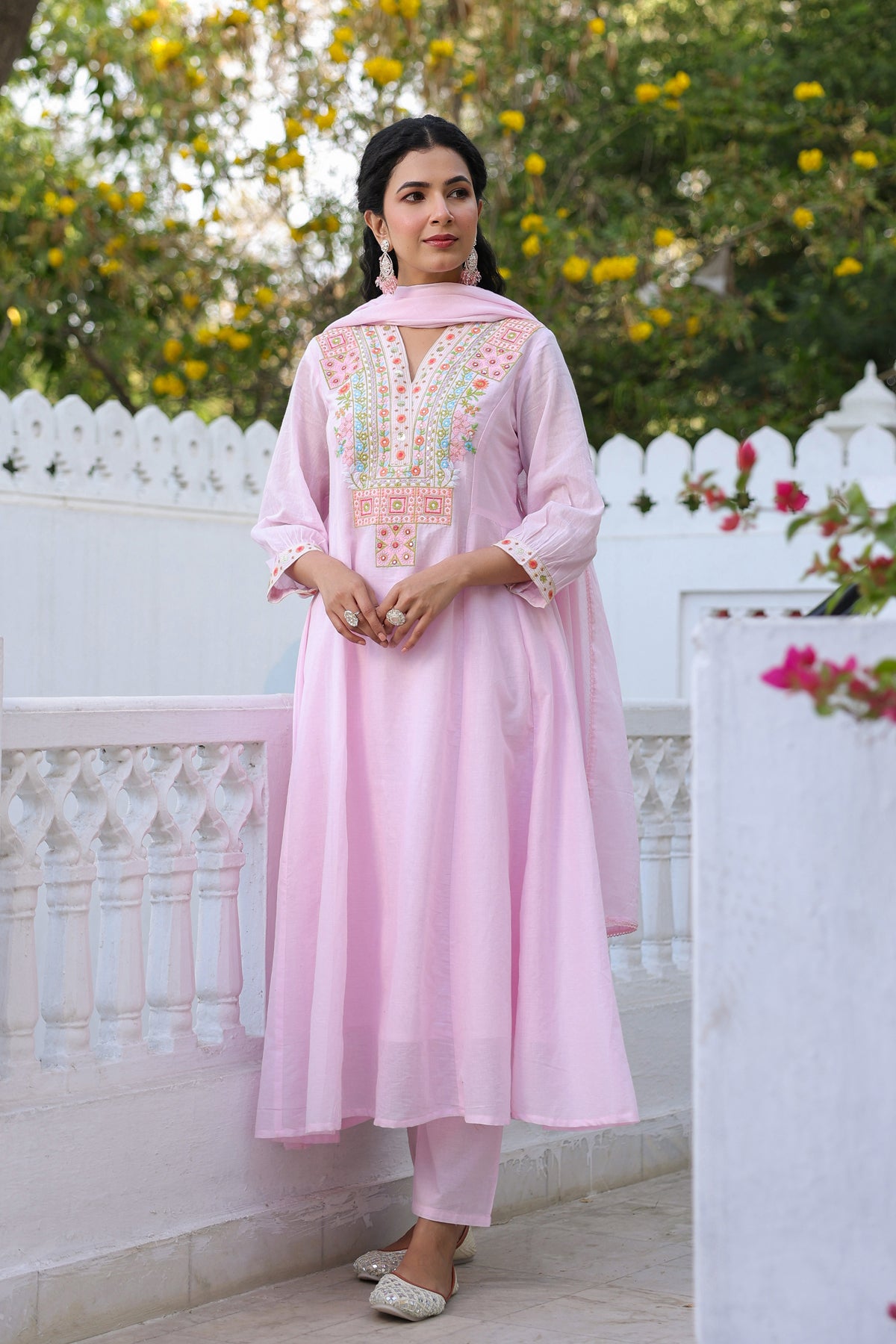 Pink Cotton Mulmul Yoke Embroidered Anarkali Suit Set