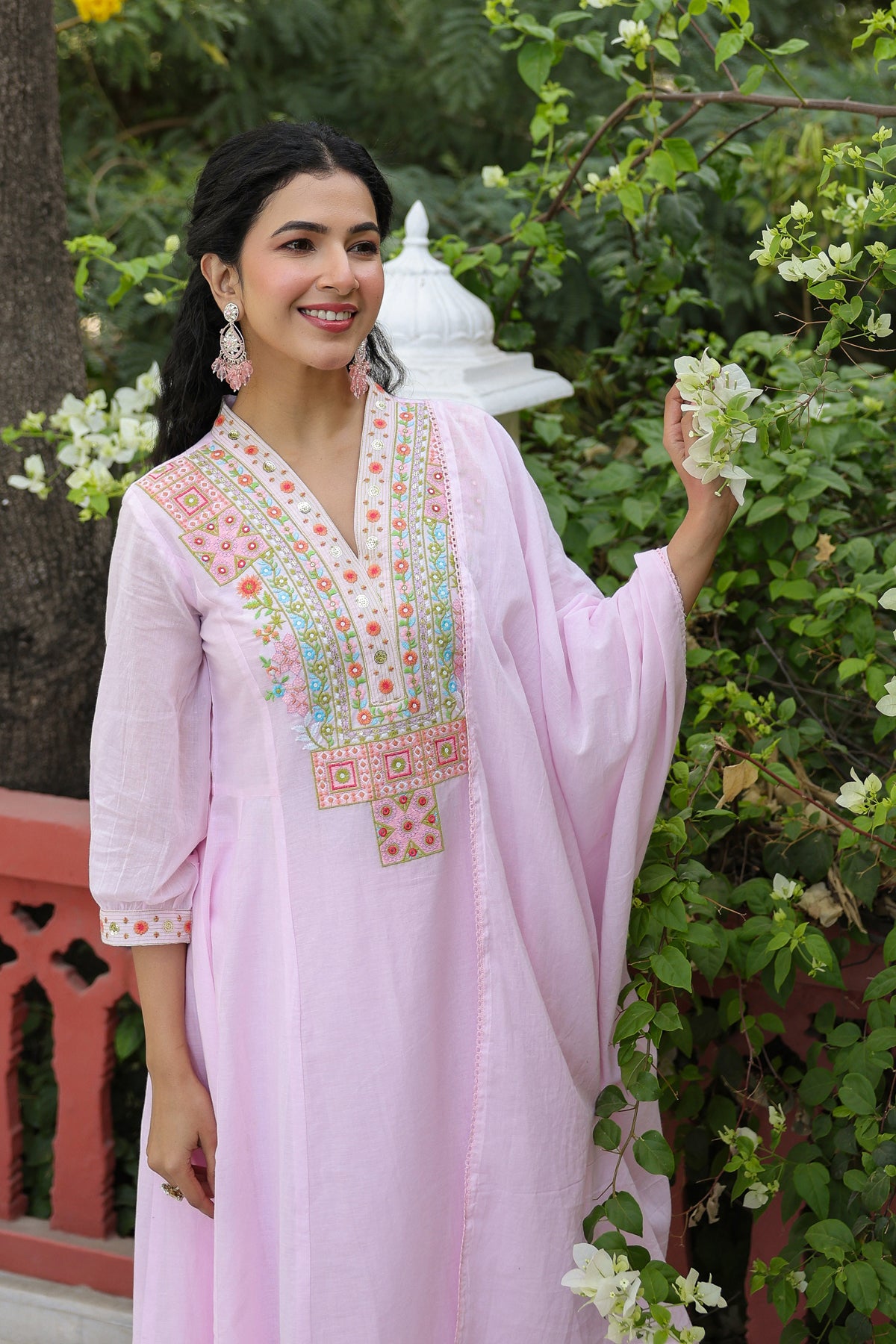 Pink Cotton Mulmul Yoke Embroidered Anarkali Suit Set