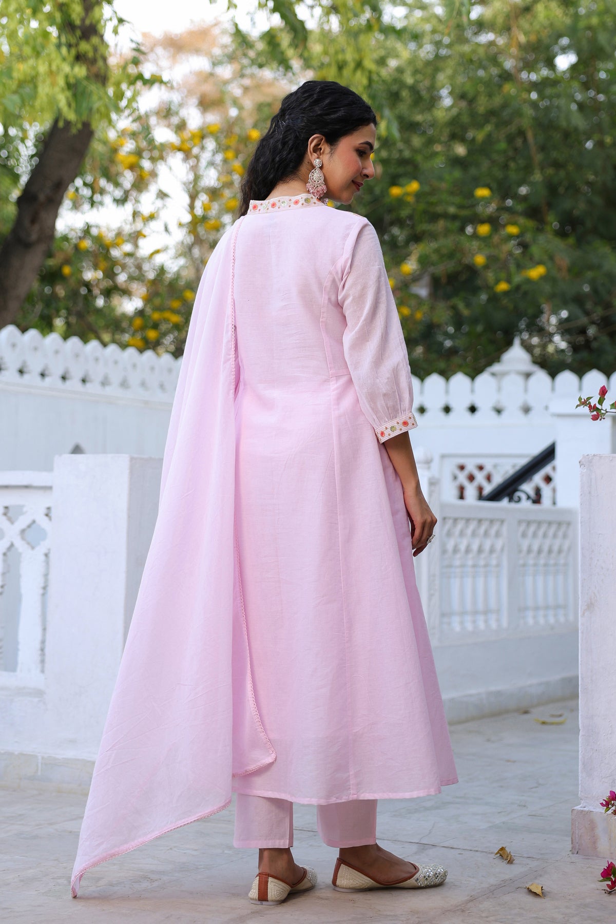 Pink Cotton Mulmul Yoke Embroidered Anarkali Suit Set