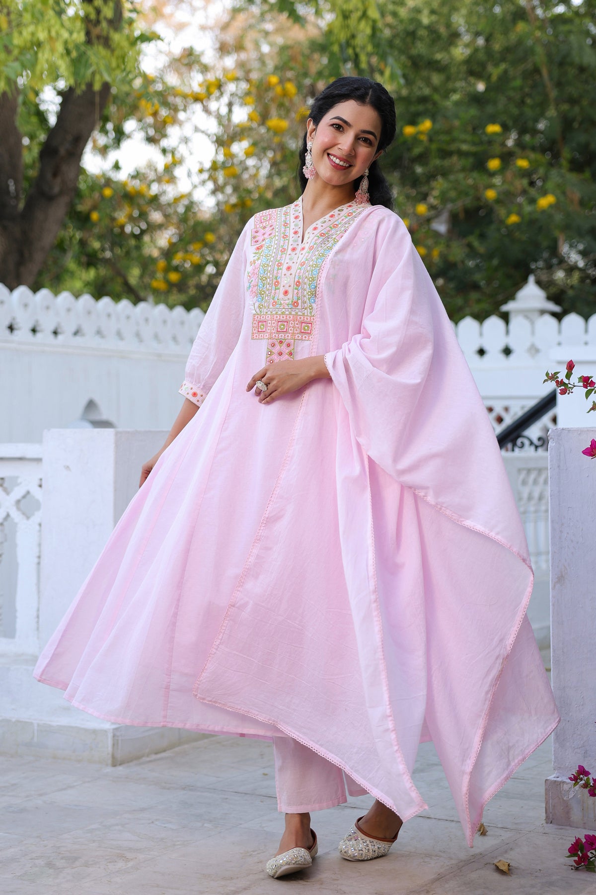 Pink Cotton Mulmul Yoke Embroidered Anarkali Suit Set