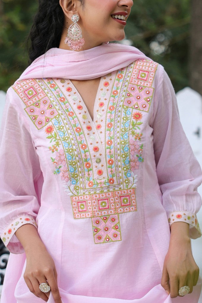 Pink Cotton Mulmul Yoke Embroidered Anarkali Suit Set