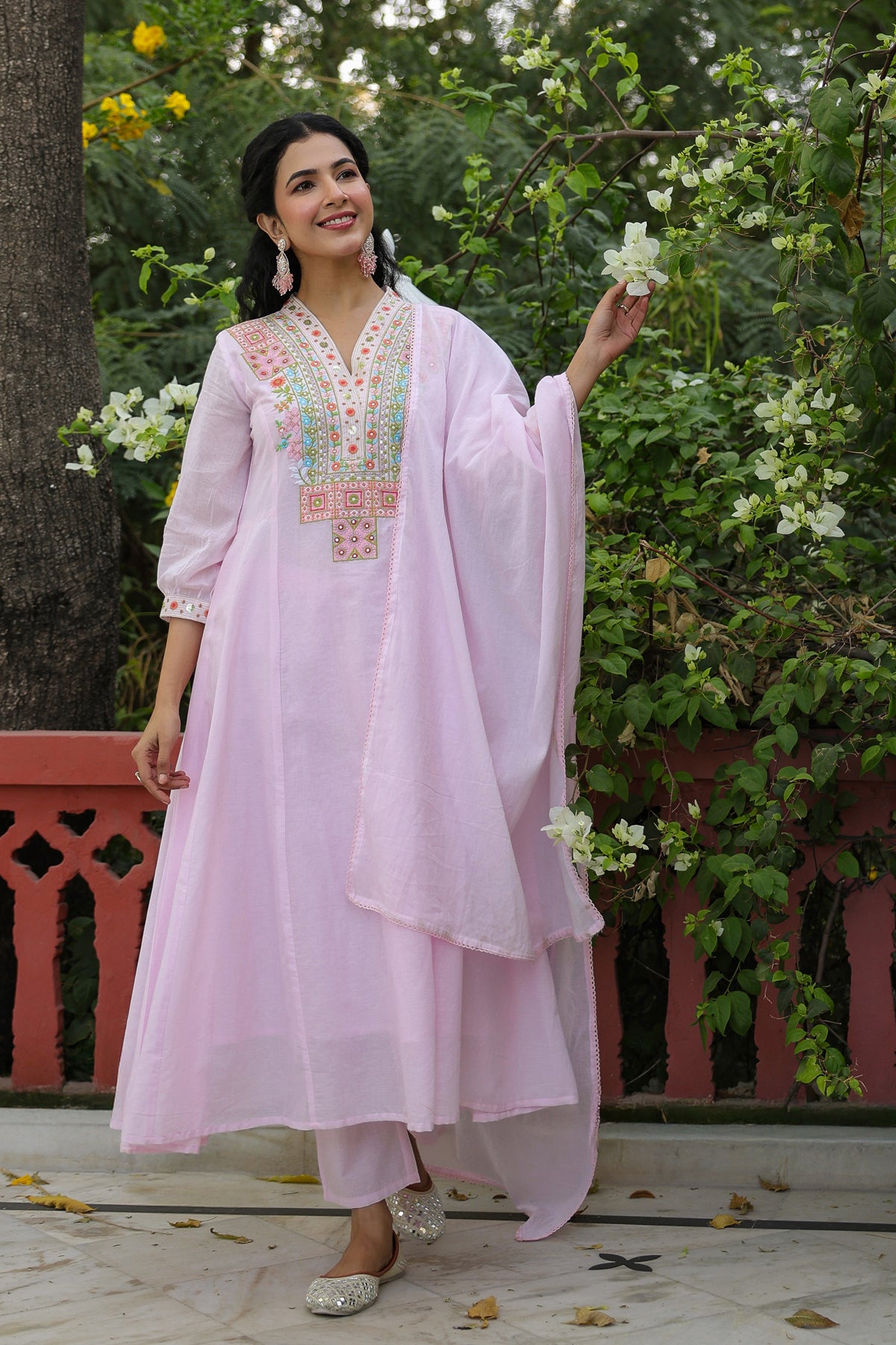 Pink Cotton Mulmul Yoke Embroidered Anarkali Suit Set
