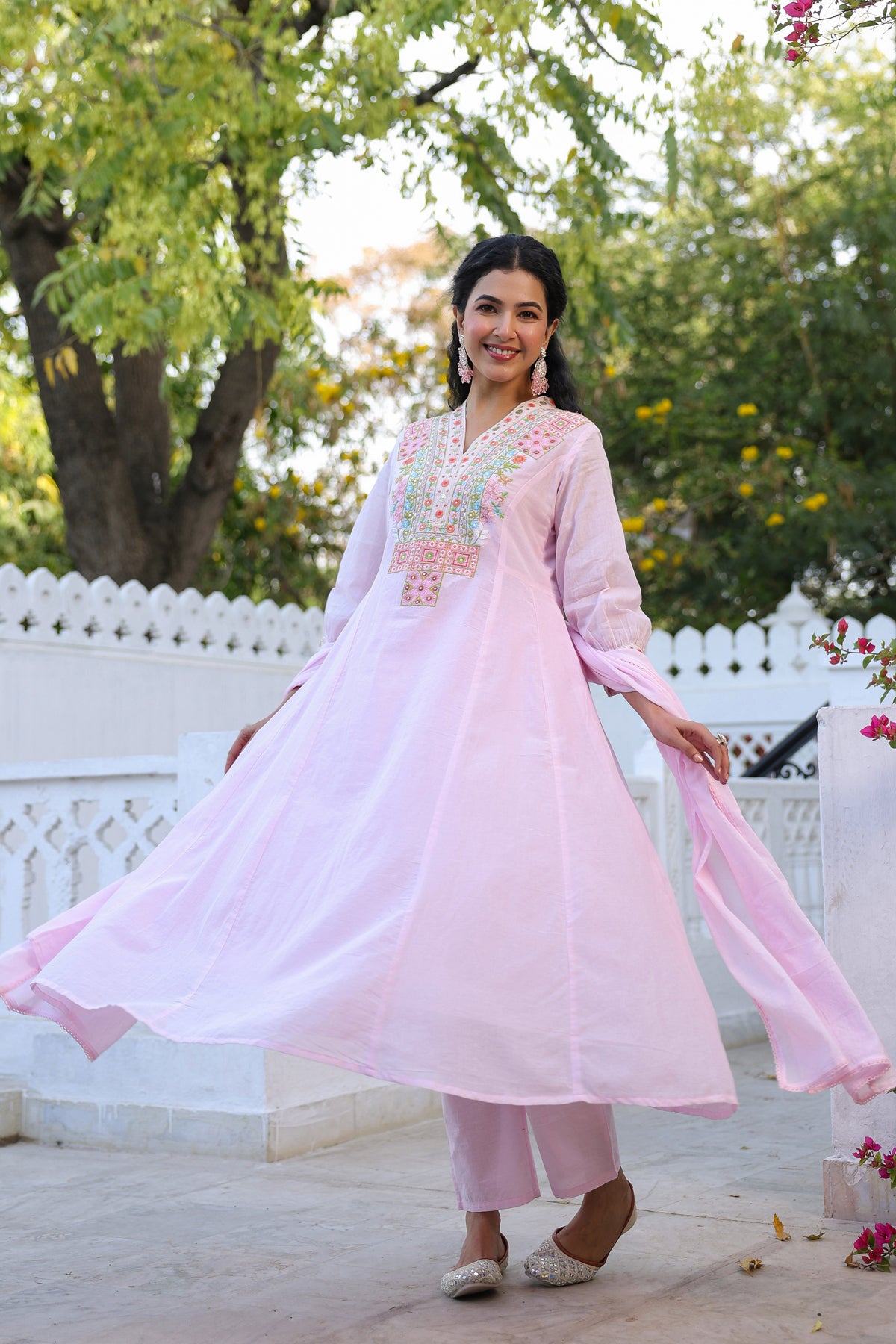 Pink Cotton Mulmul Yoke Embroidered Anarkali Suit Set