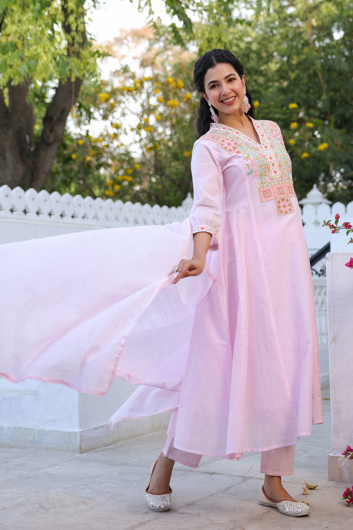 Pink Cotton Mulmul Yoke Embroidered Anarkali Suit Set