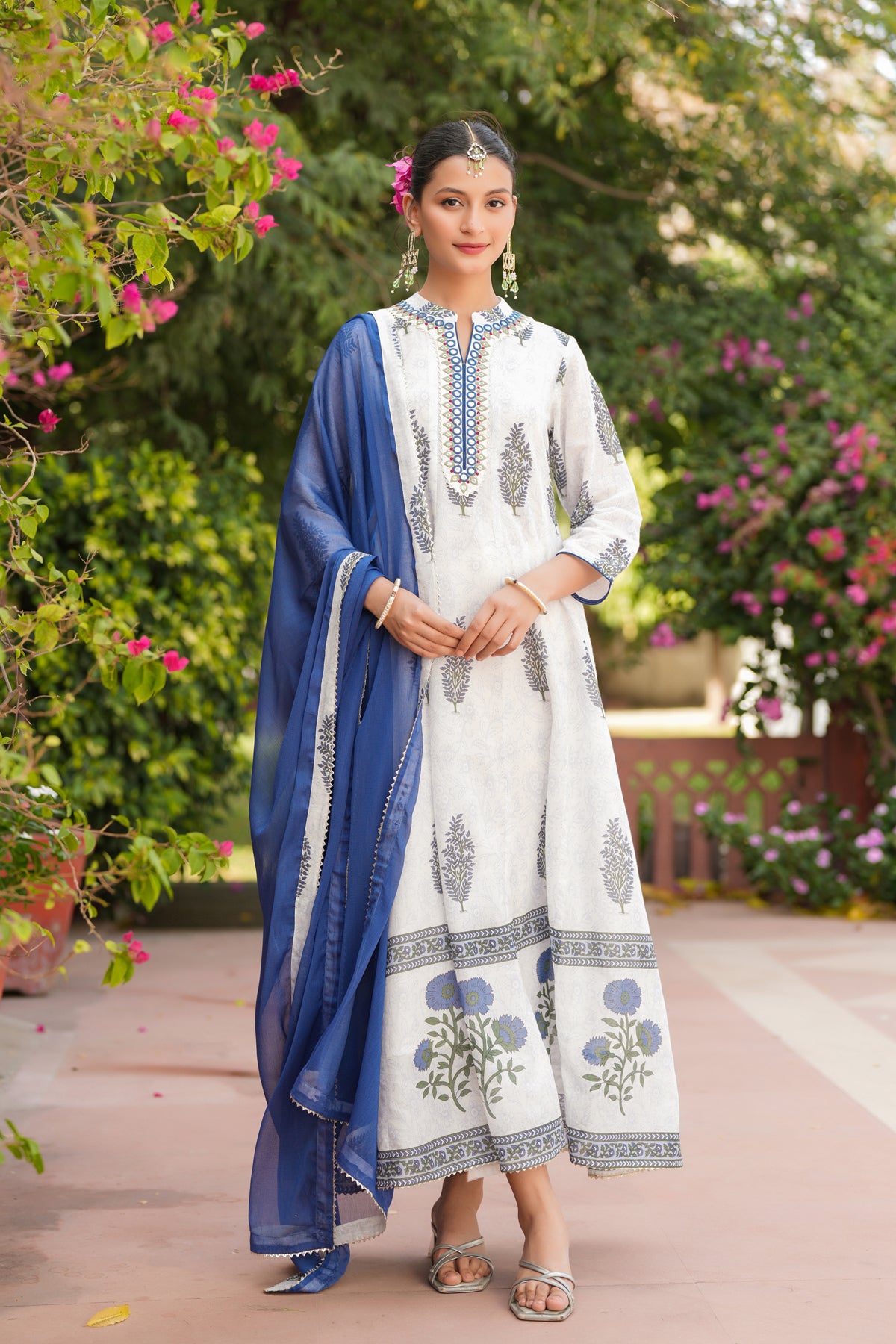 Blue Cotton Mulmul Floral Block-Printed Anarkali Set