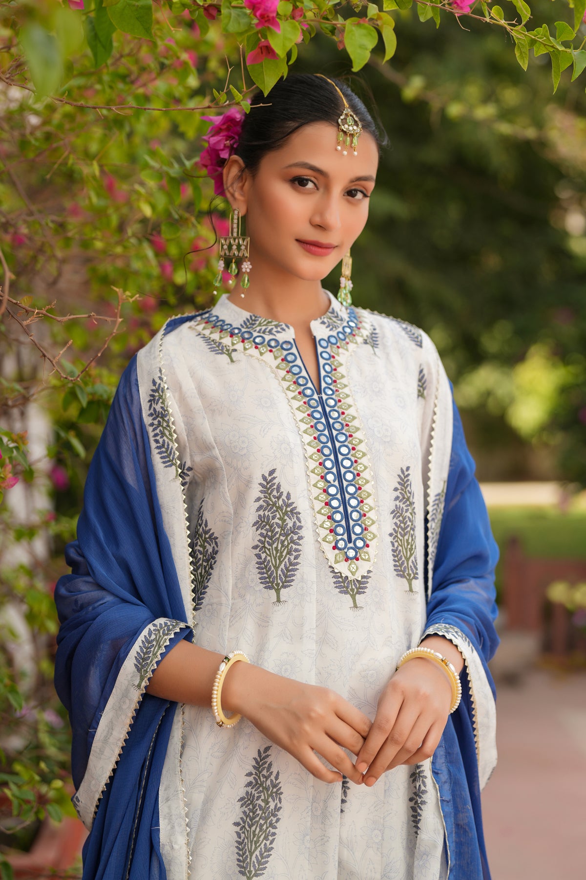 Blue Cotton Mulmul Floral Block-Printed Anarkali Set