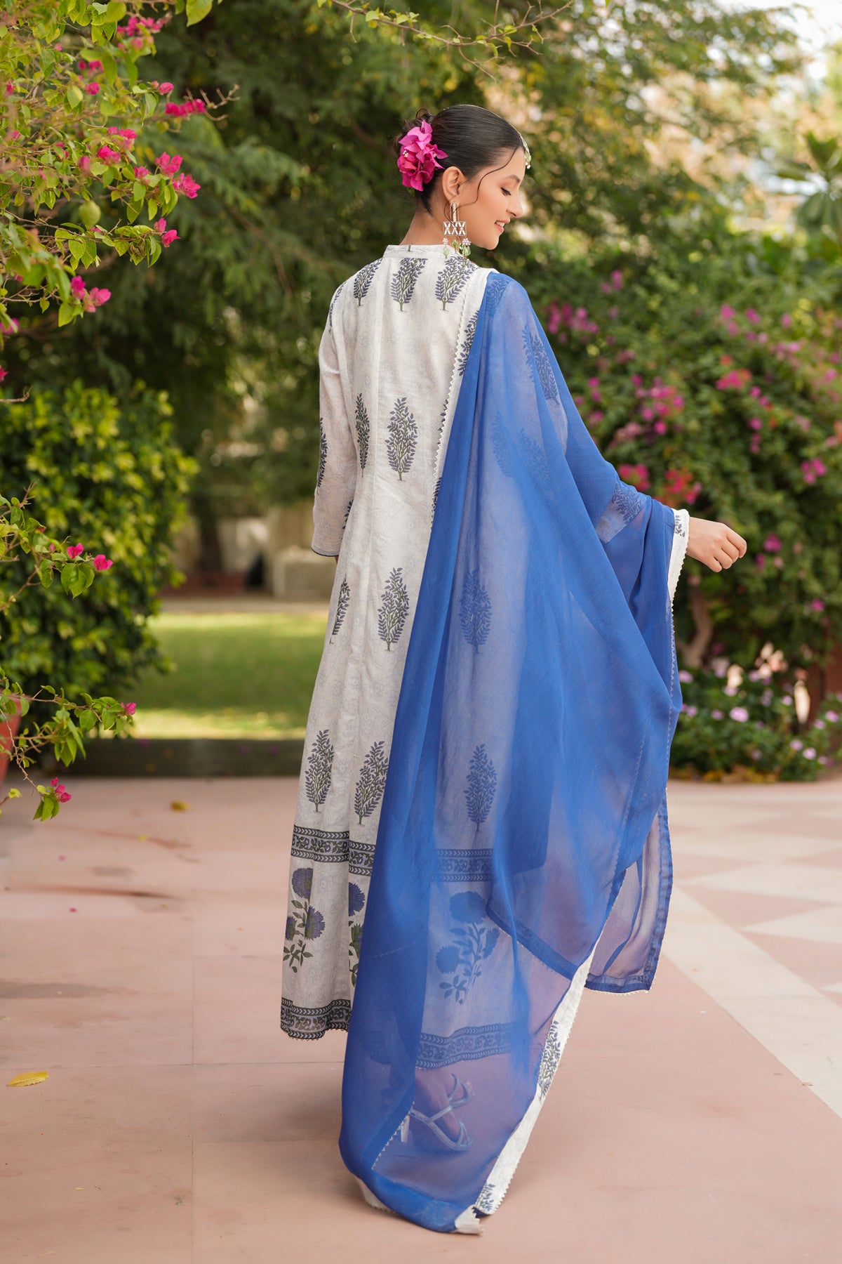 Blue Cotton Mulmul Floral Block-Printed Anarkali Set