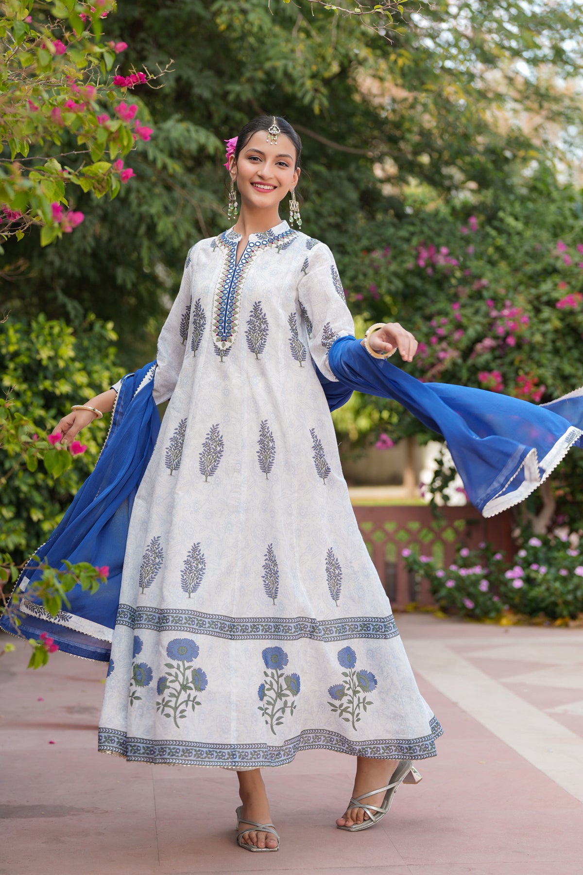 Blue Cotton Mulmul Floral Block-Printed Anarkali Set