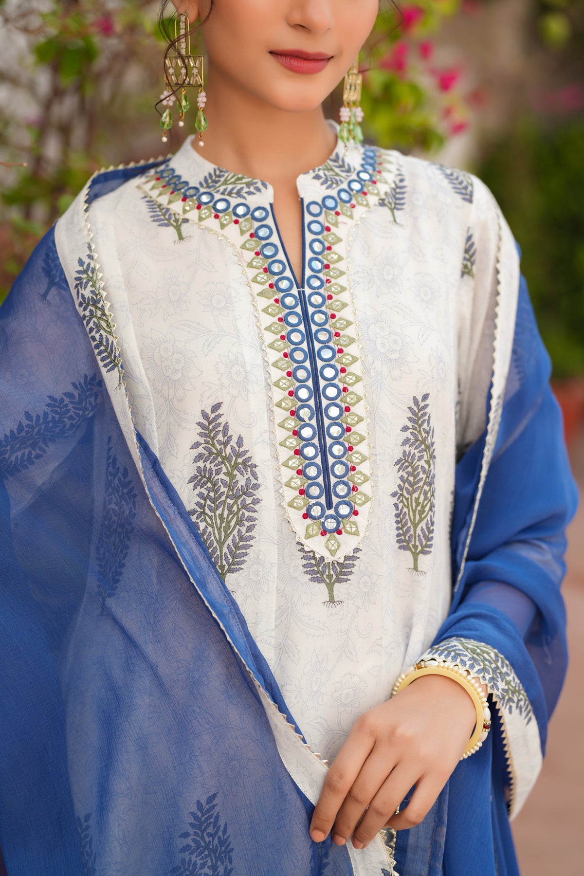 Blue Cotton Mulmul Floral Block-Printed Anarkali Set