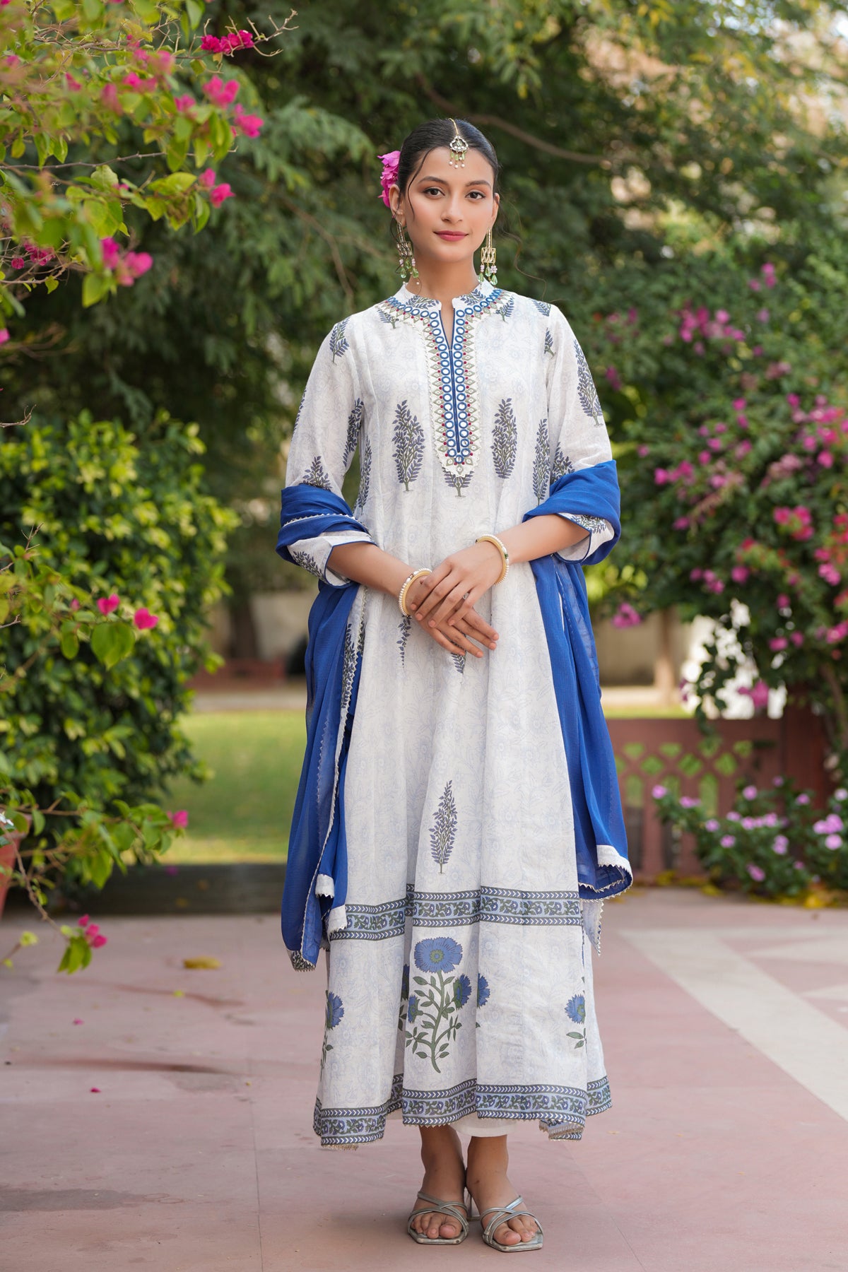 Blue Cotton Mulmul Floral Block-Printed Anarkali Set