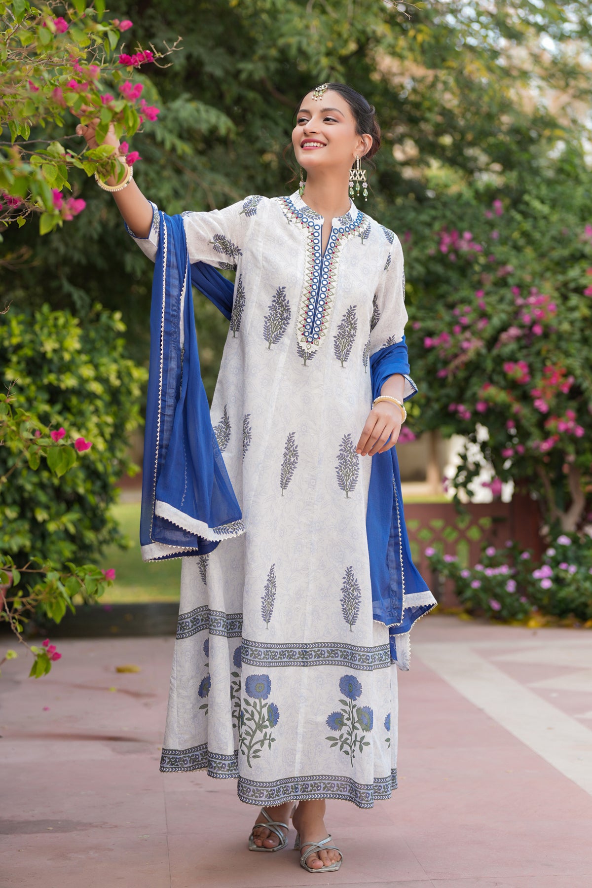 Blue Cotton Mulmul Floral Block-Printed Anarkali Set