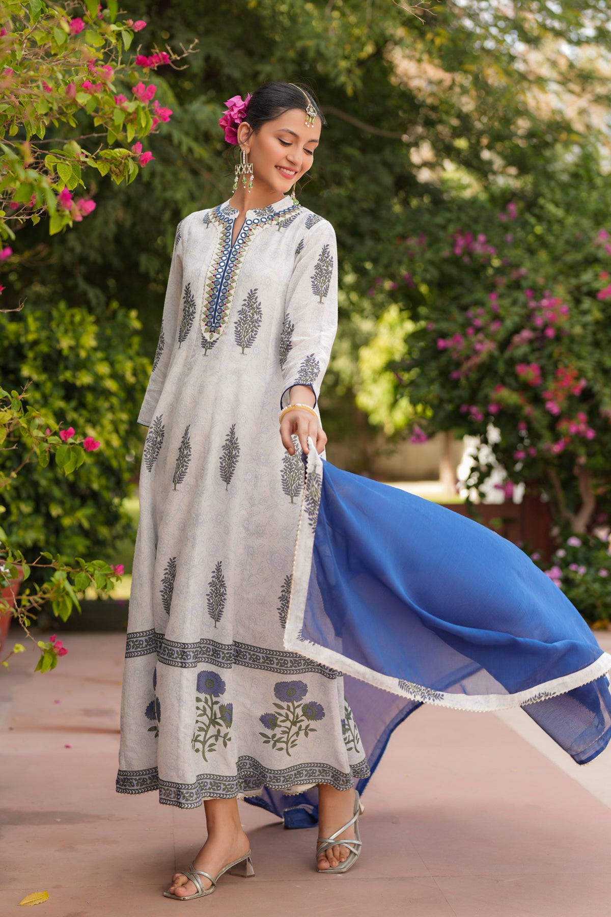 Blue Cotton Mulmul Floral Block-Printed Anarkali Set