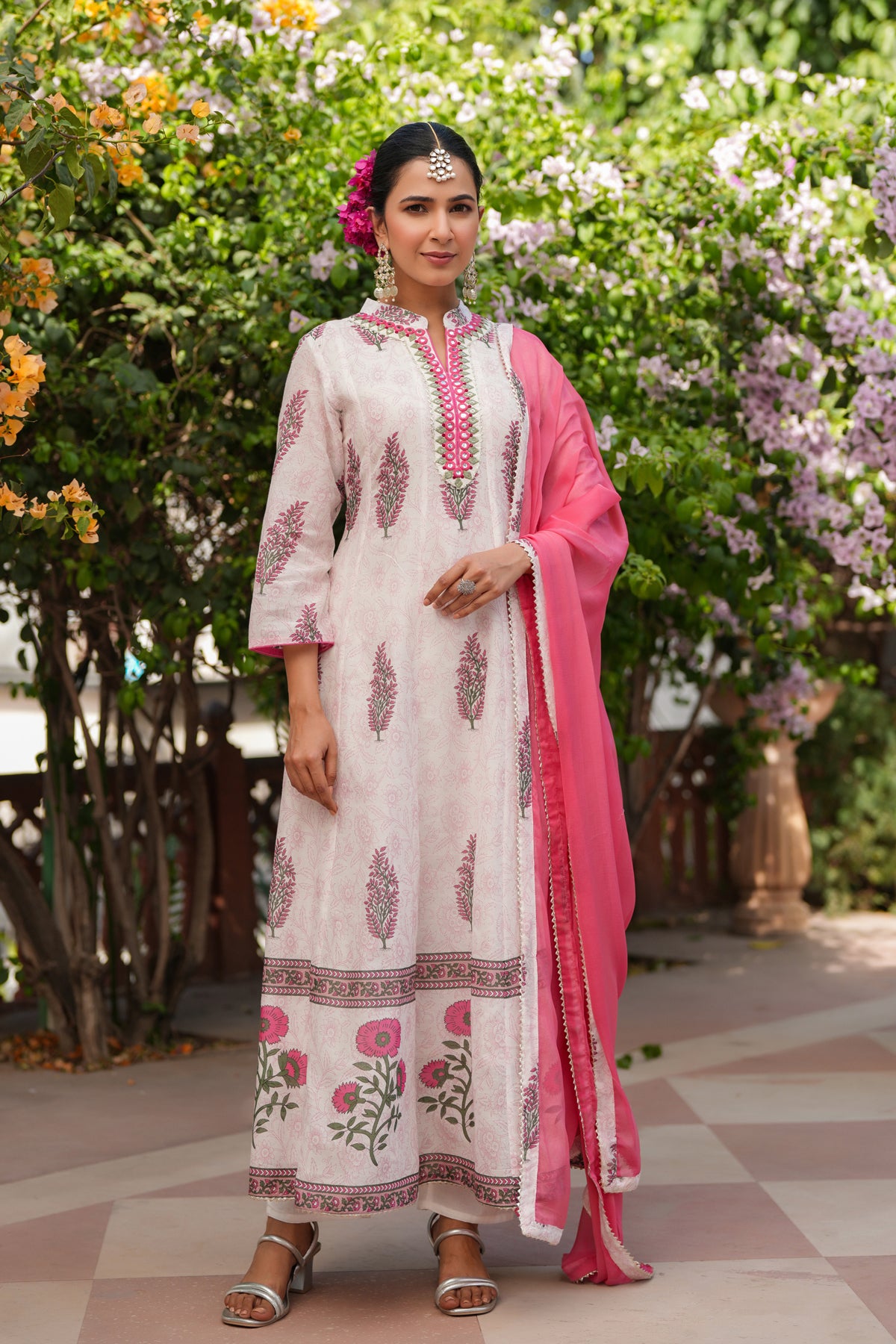 Fuchsia Cotton Mulmul Floral Block-Printed Anarkali Set