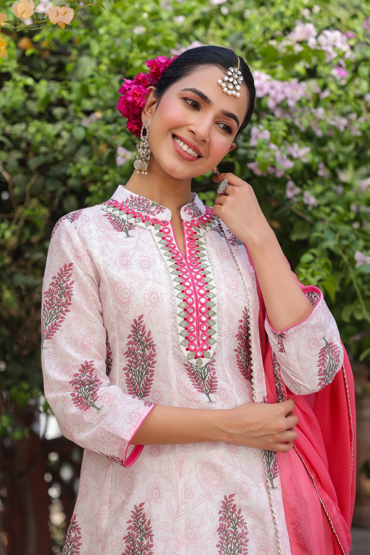 Fuchsia Cotton Mulmul Floral Block-Printed Anarkali Set