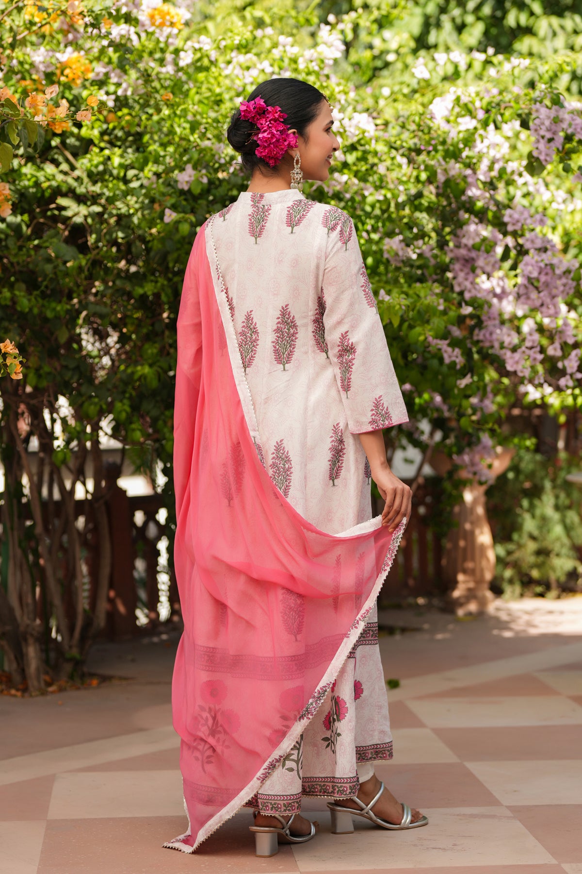 Fuchsia Cotton Mulmul Floral Block-Printed Anarkali Set