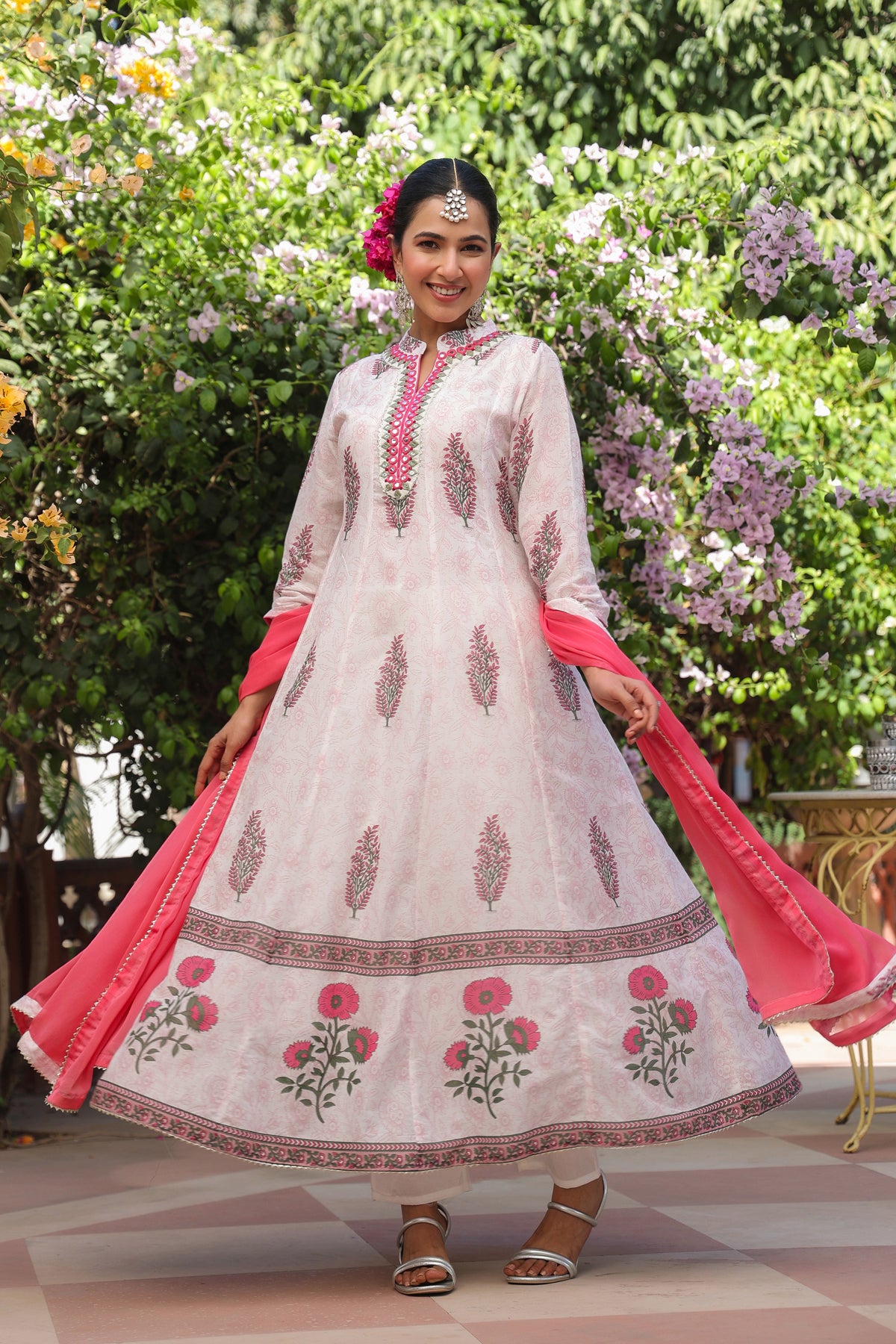 Fuchsia Cotton Mulmul Floral Block-Printed Anarkali Set