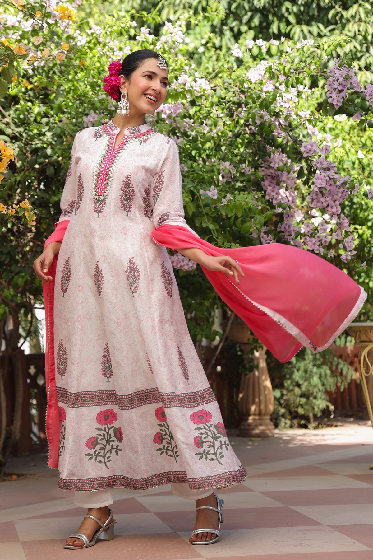 Fuchsia Cotton Mulmul Floral Block-Printed Anarkali Set