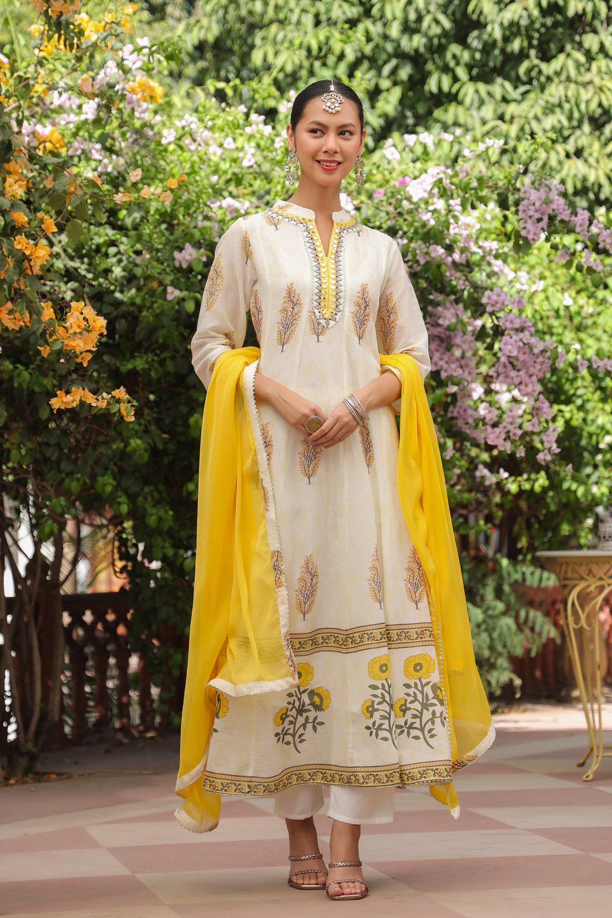 Mustard Cotton Mulmul Floral Block-Printed Anarkali Set