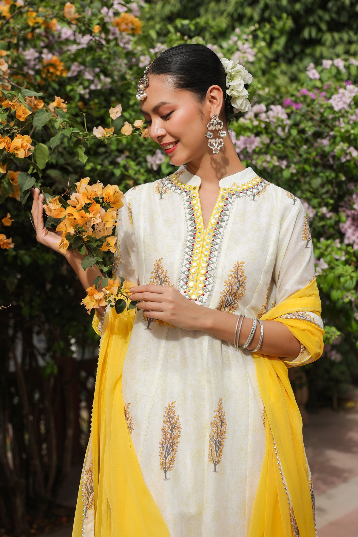 Mustard Cotton Mulmul Floral Block-Printed Anarkali Set