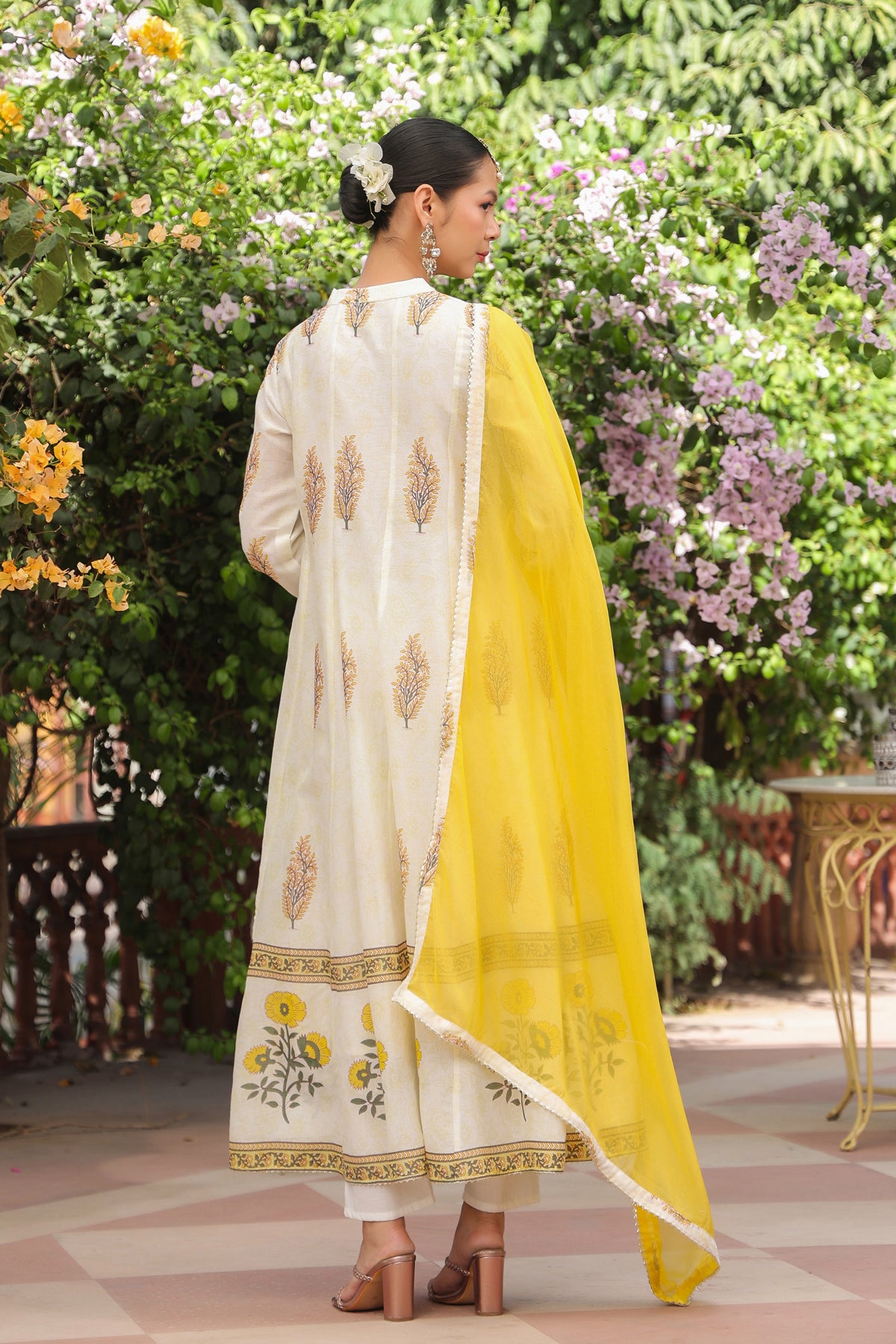 Mustard Cotton Mulmul Floral Block-Printed Anarkali Set