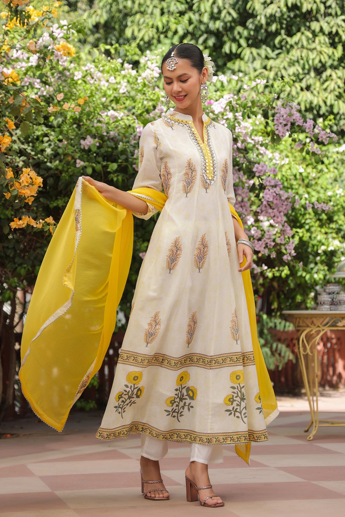 Mustard Cotton Mulmul Floral Block-Printed Anarkali Set