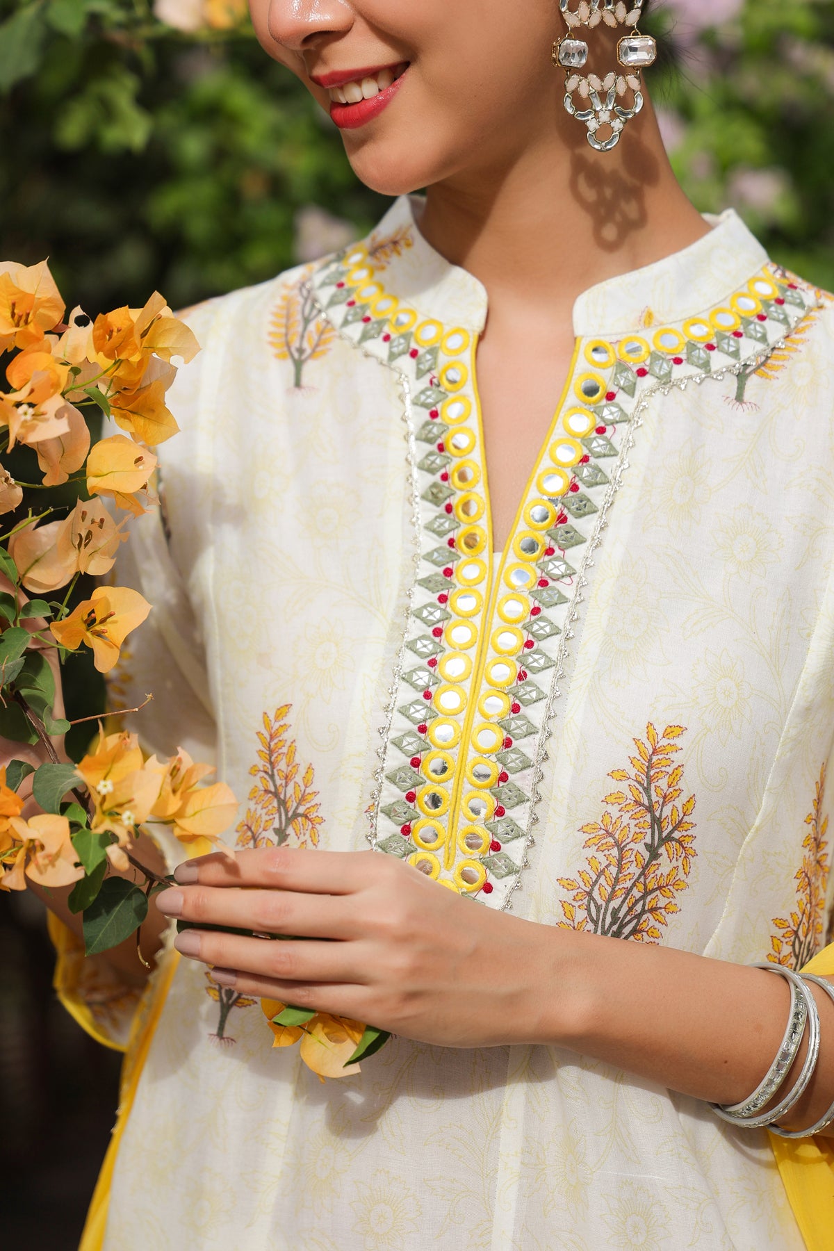 Mustard Cotton Mulmul Floral Block-Printed Anarkali Set
