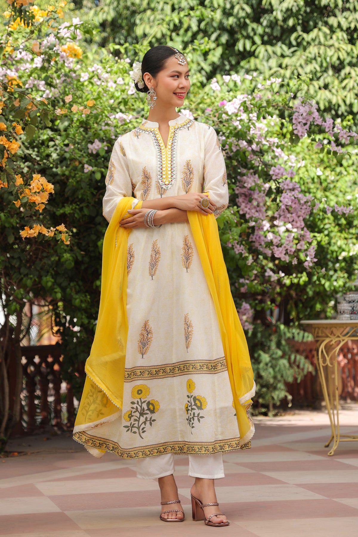 Mustard Cotton Mulmul Floral Block-Printed Anarkali Set