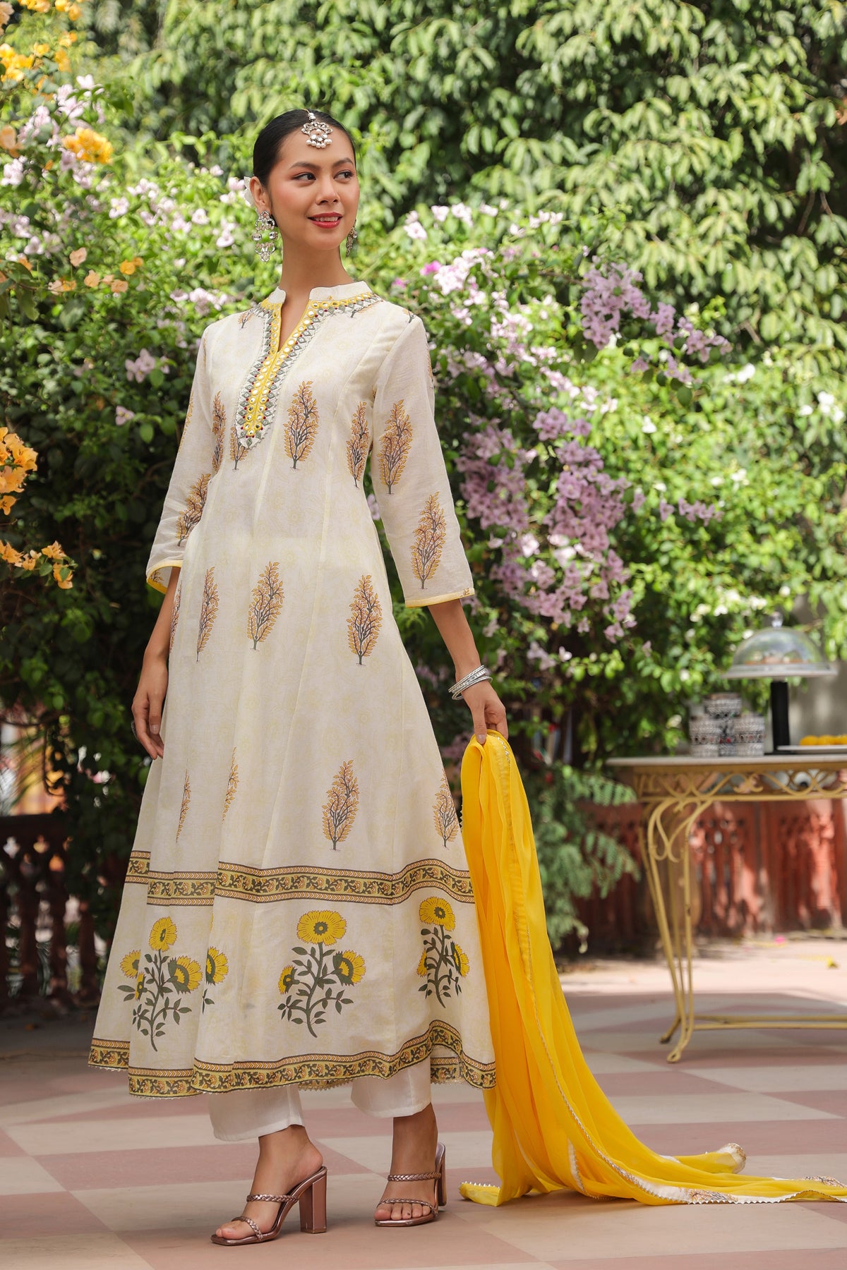 Mustard Cotton Mulmul Floral Block-Printed Anarkali Set