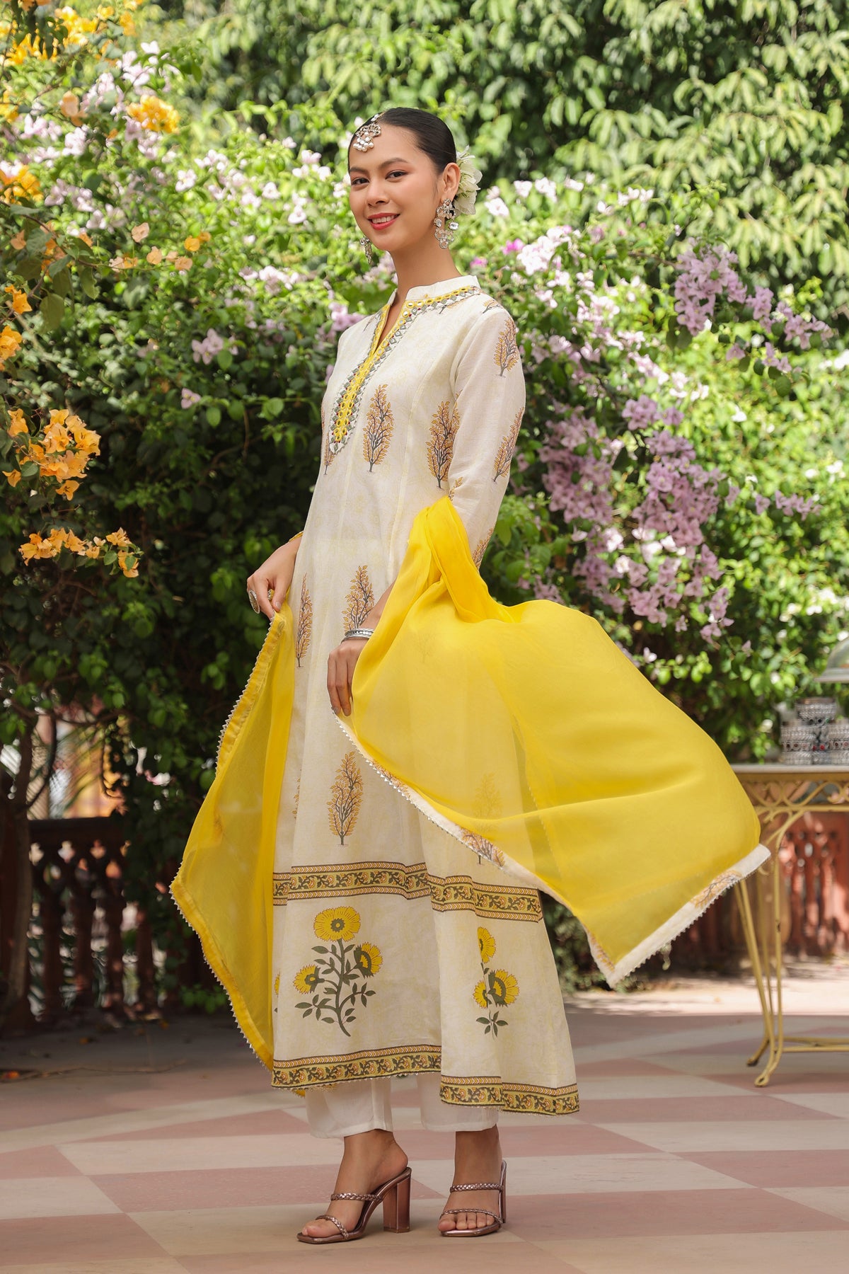 Mustard Cotton Mulmul Floral Block-Printed Anarkali Set