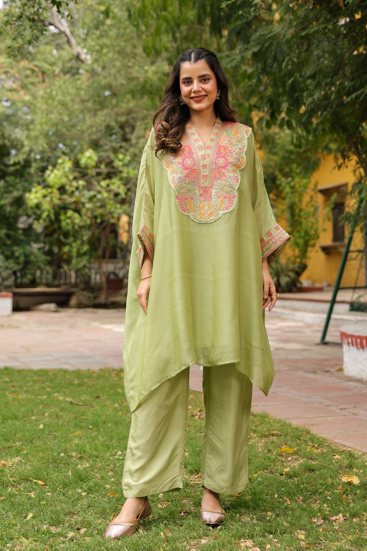 Green Organza Silk Embroidered Kaftan Set