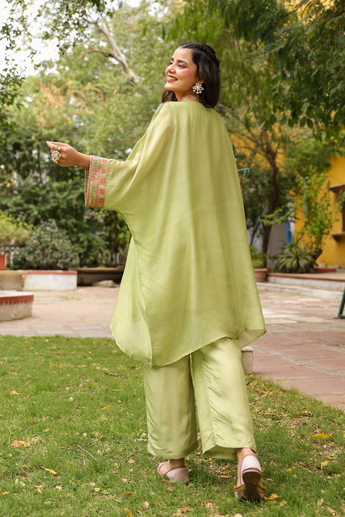 Green Organza Silk Embroidered Kaftan Set