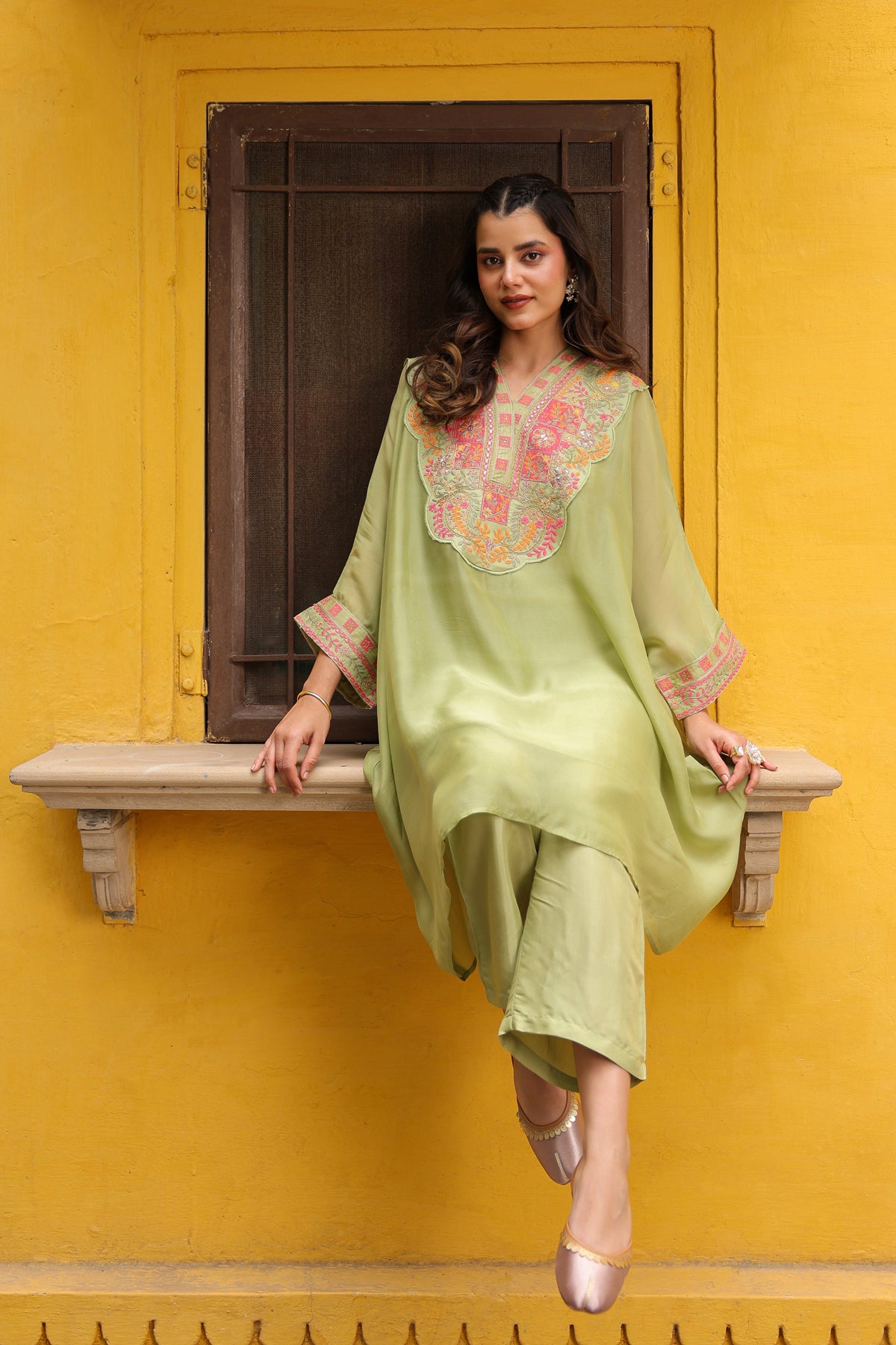 Green Organza Silk Embroidered Kaftan Set