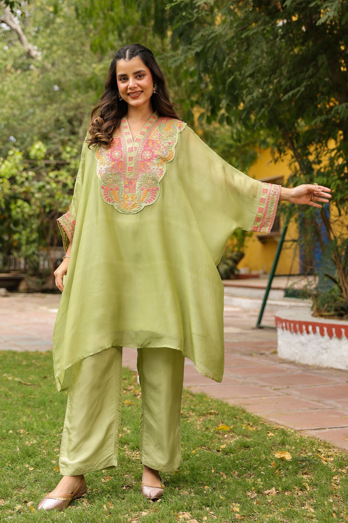Green Organza Silk Embroidered Kaftan Set